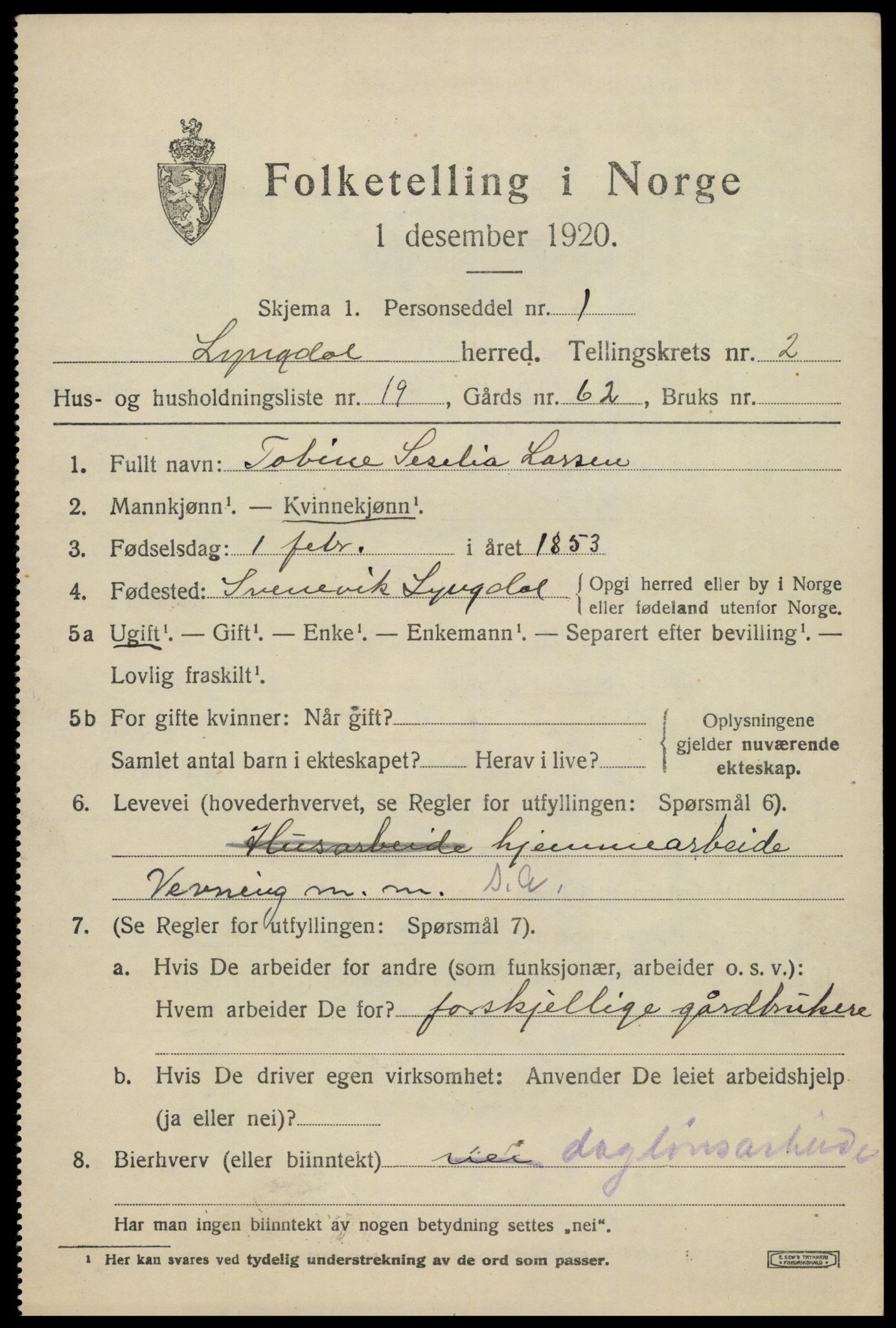 SAK, Folketelling 1920 for 1032 Lyngdal herred, 1920, s. 1737