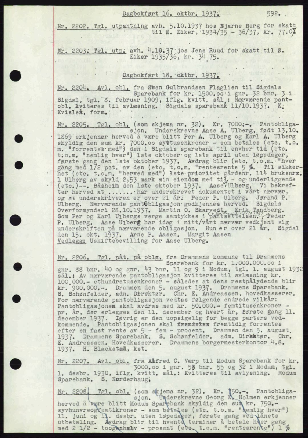 Eiker, Modum og Sigdal sorenskriveri, SAKO/A-123/G/Ga/Gab/L0036: Pantebok nr. A6, 1937-1937, Dagboknr: 2202/1937