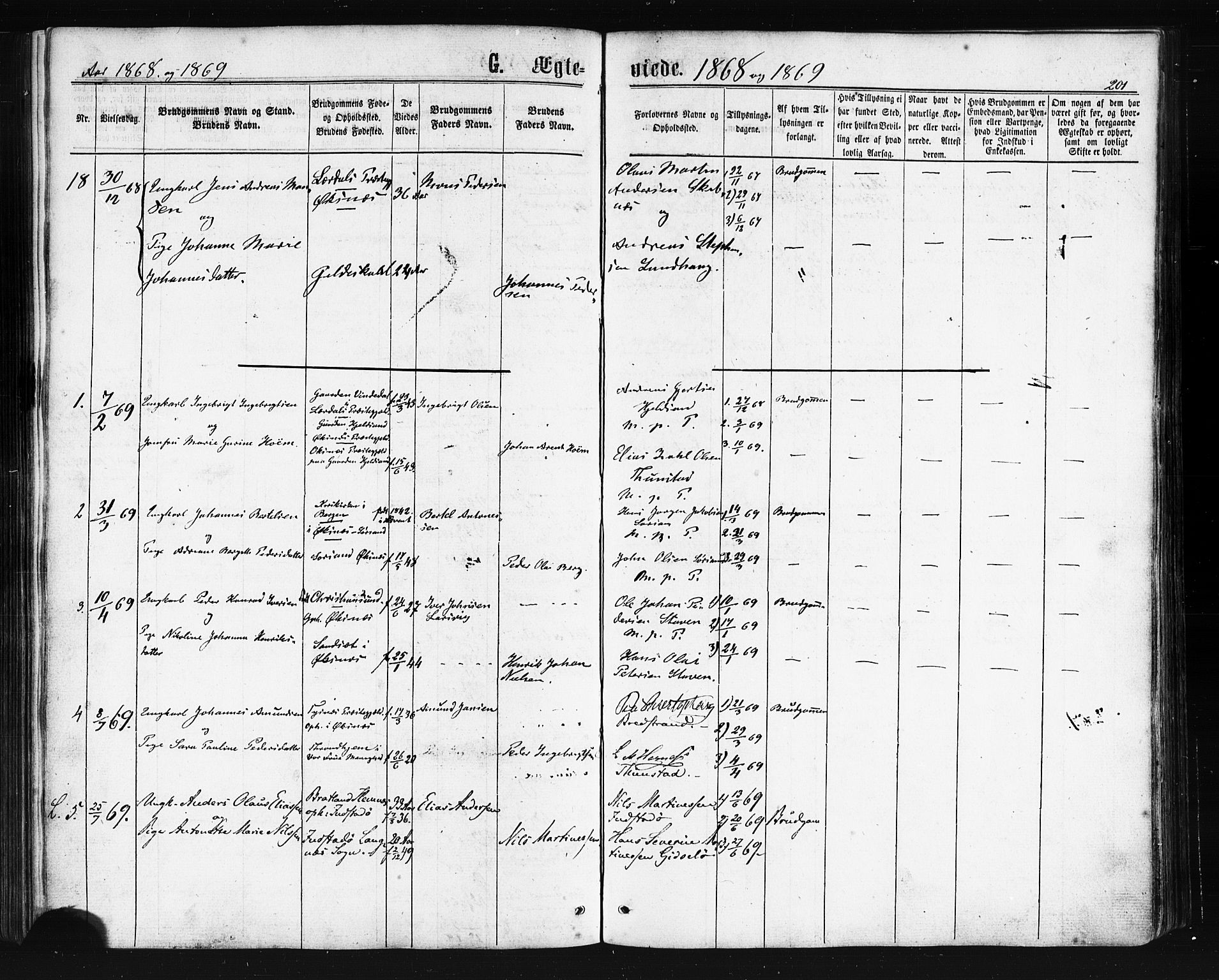 Ministerialprotokoller, klokkerbøker og fødselsregistre - Nordland, SAT/A-1459/893/L1334: Ministerialbok nr. 893A07, 1867-1877, s. 201