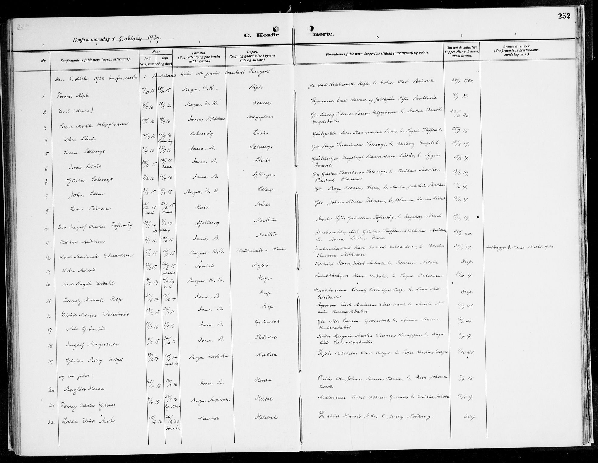 Fana Sokneprestembete, AV/SAB-A-75101/H/Haa/Haaj/L0001: Ministerialbok nr. J 1, 1921-1935, s. 252