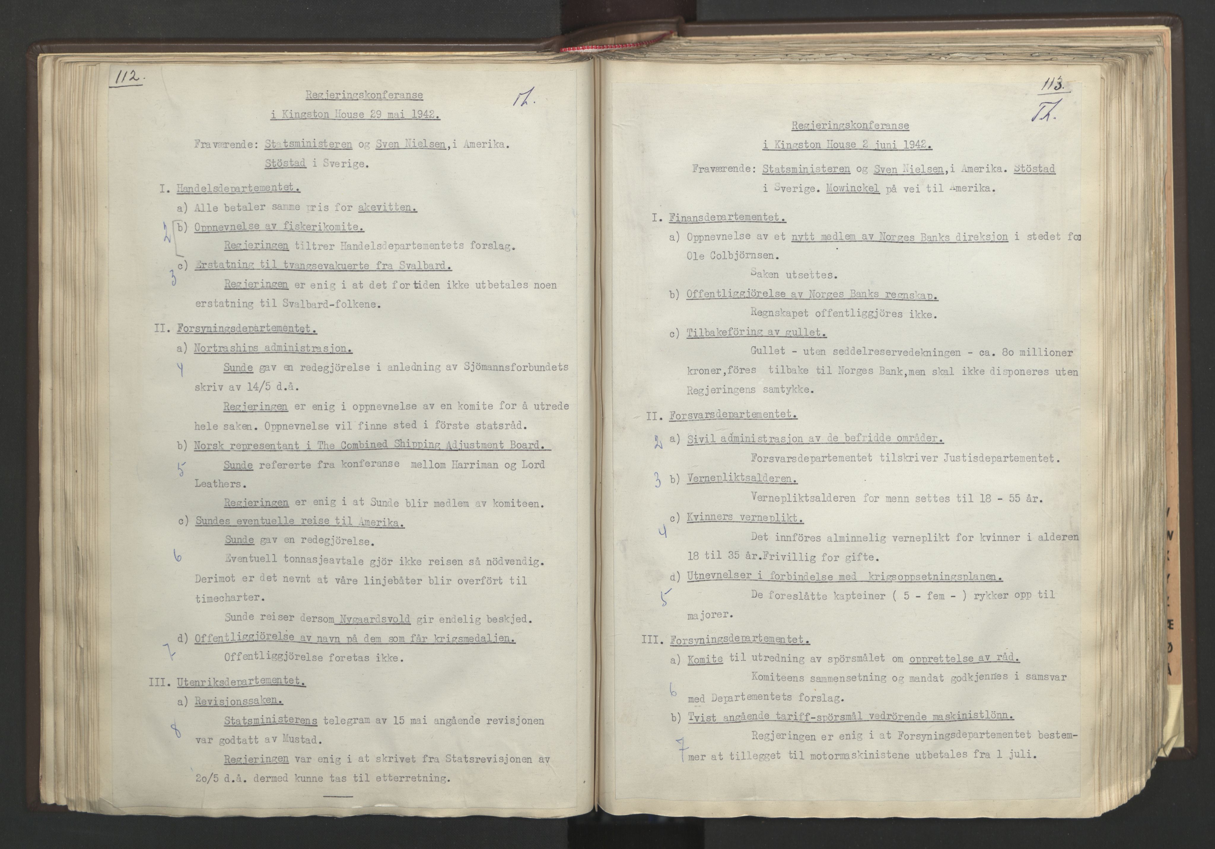 Statsministerens kontor, AV/RA-S-1005/A/Aa/L0002: Referat fra regjeringskonferanser, 1942-1943, s. 112-113