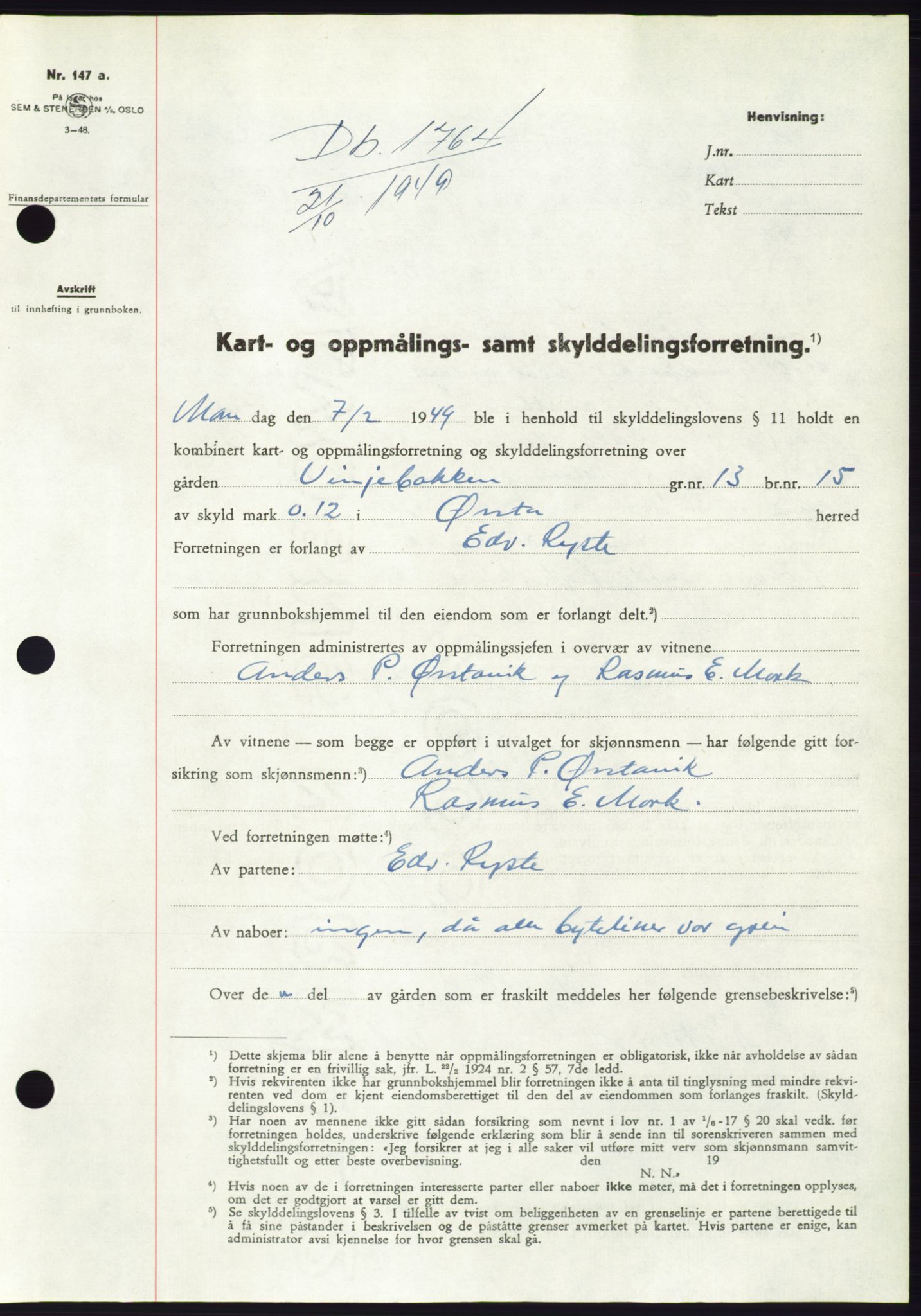 Søre Sunnmøre sorenskriveri, SAT/A-4122/1/2/2C/L0085: Pantebok nr. 11A, 1949-1949, Dagboknr: 1764/1949