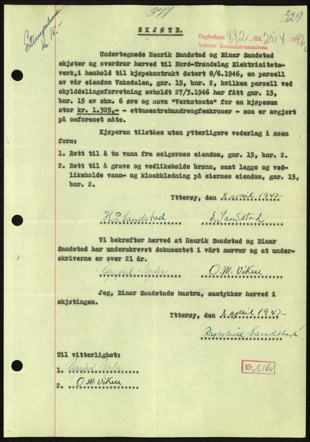 Inderøy sorenskriveri, SAT/A-4147/1/2/2C: Pantebok nr. Y1, 1936-1950, Dagboknr: 882/1947