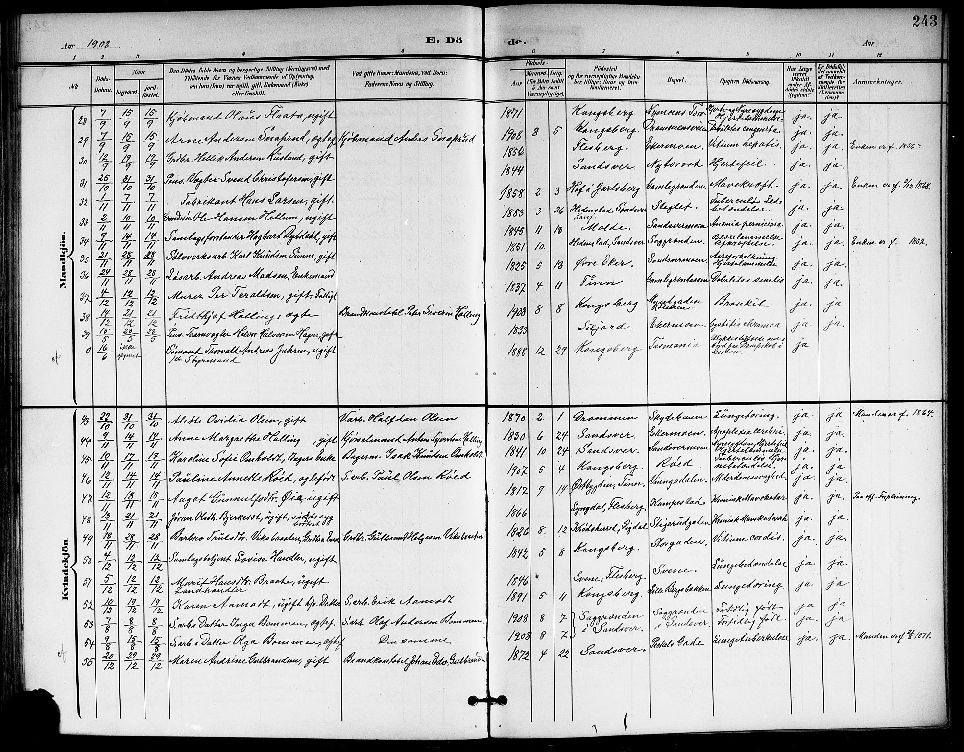 Kongsberg kirkebøker, AV/SAKO-A-22/G/Ga/L0007: Klokkerbok nr. 7, 1901-1915, s. 243