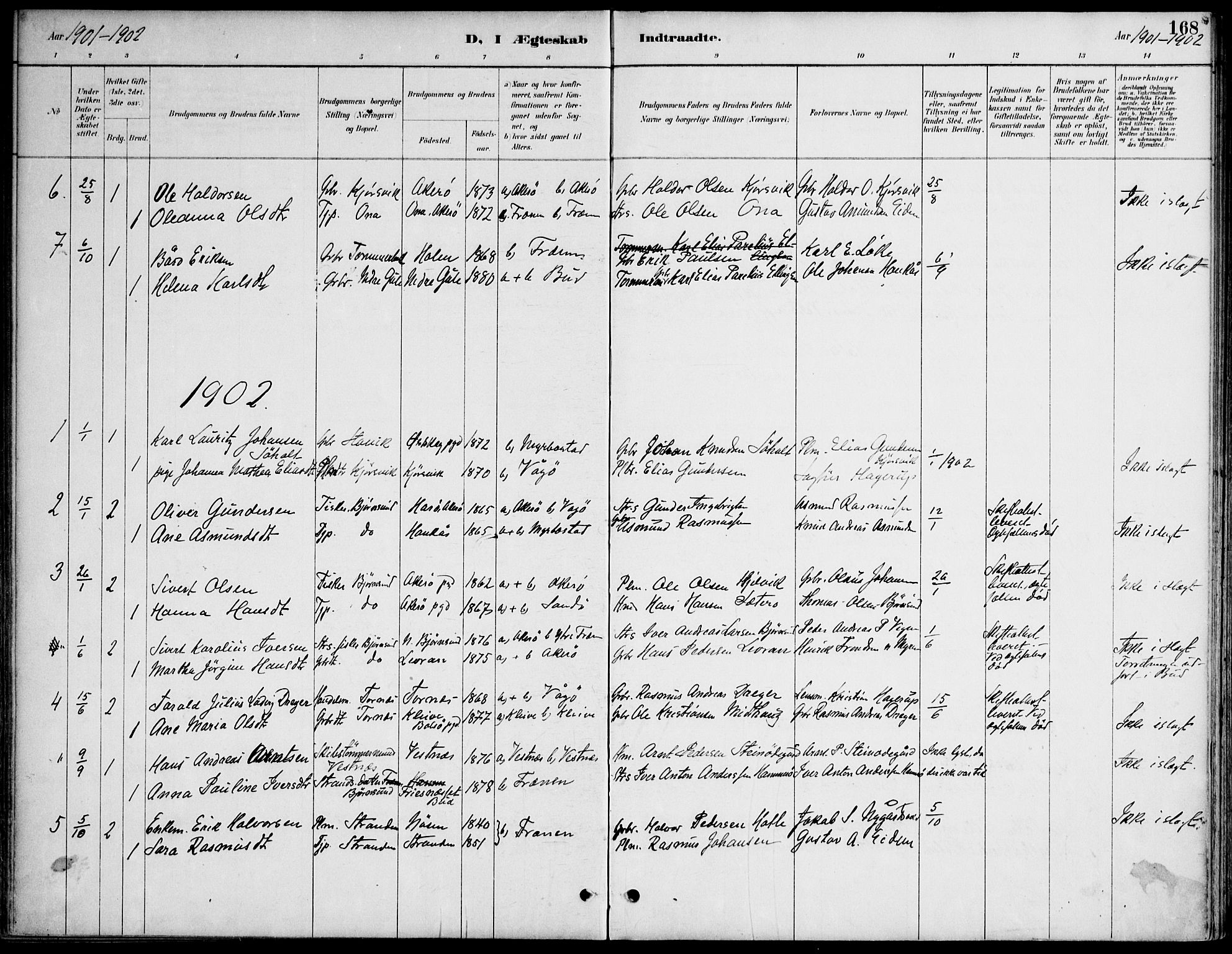 Ministerialprotokoller, klokkerbøker og fødselsregistre - Møre og Romsdal, AV/SAT-A-1454/565/L0750: Ministerialbok nr. 565A04, 1887-1905, s. 168