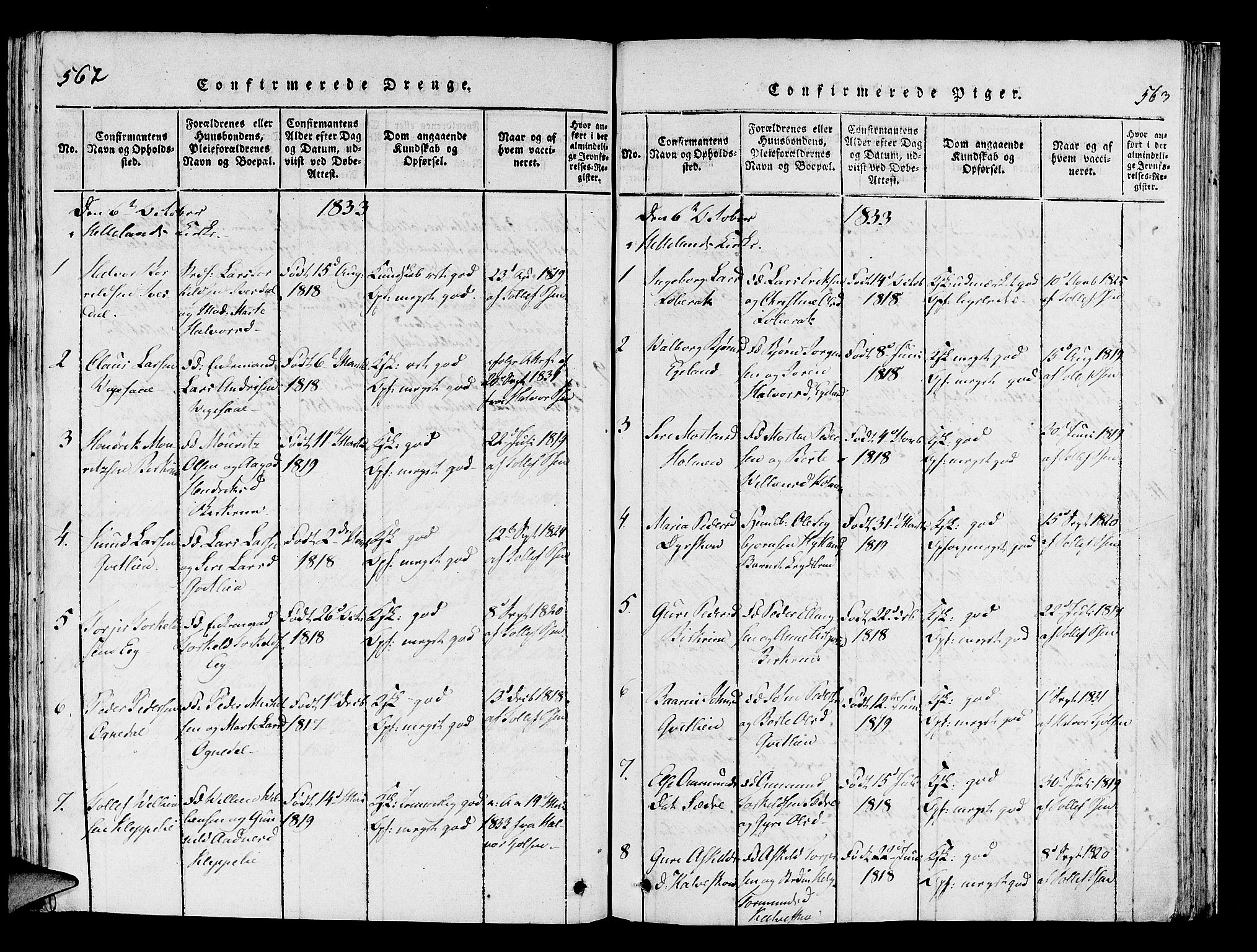 Helleland sokneprestkontor, SAST/A-101810: Ministerialbok nr. A 5, 1815-1834, s. 562-563