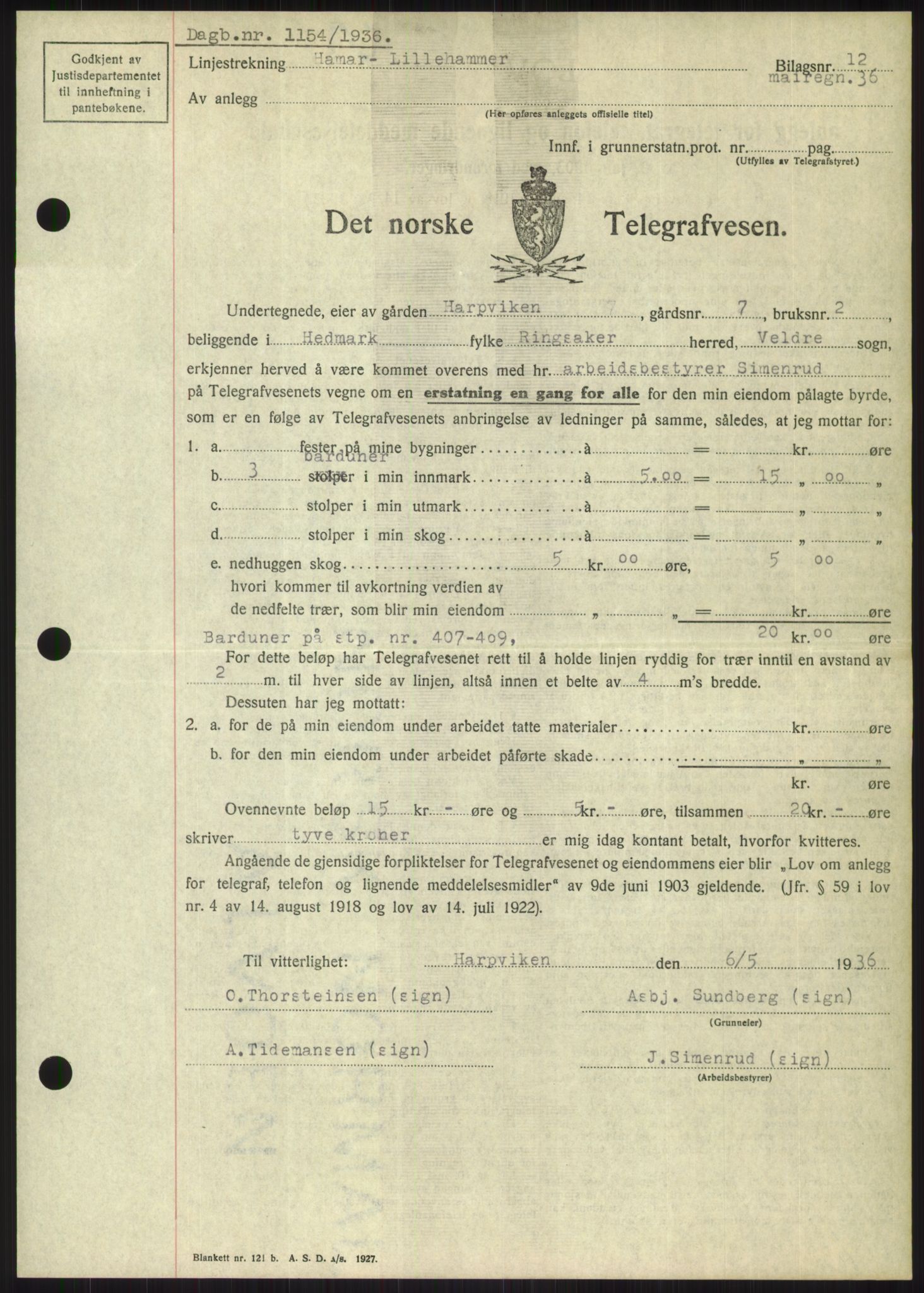 Nord-Hedmark sorenskriveri, SAH/TING-012/H/Hb/Hbf/L0001: Pantebok nr. B1, 1936-1936, Dagboknr: 1154/1936