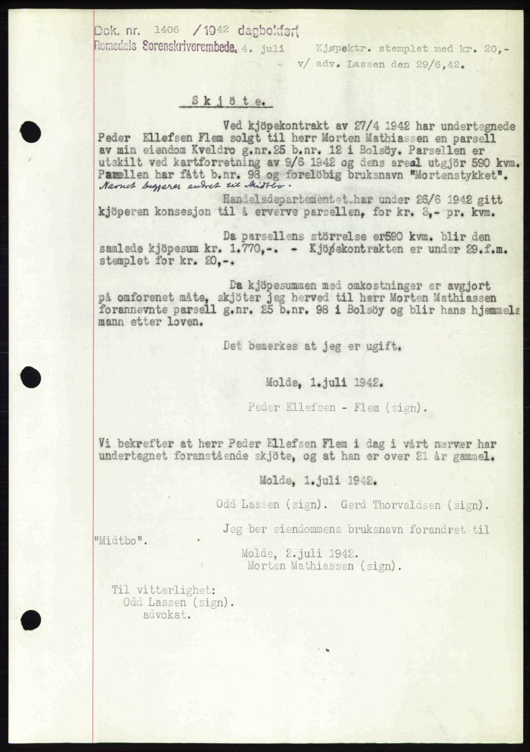 Romsdal sorenskriveri, SAT/A-4149/1/2/2C: Pantebok nr. A12, 1942-1942, Dagboknr: 1406/1942