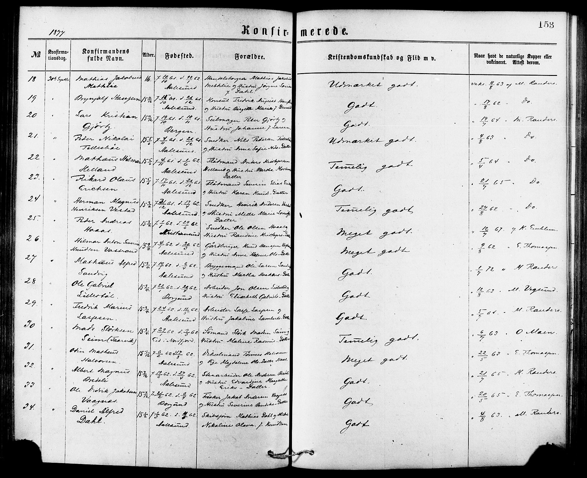 Ministerialprotokoller, klokkerbøker og fødselsregistre - Møre og Romsdal, SAT/A-1454/529/L0453: Ministerialbok nr. 529A03, 1872-1877, s. 153
