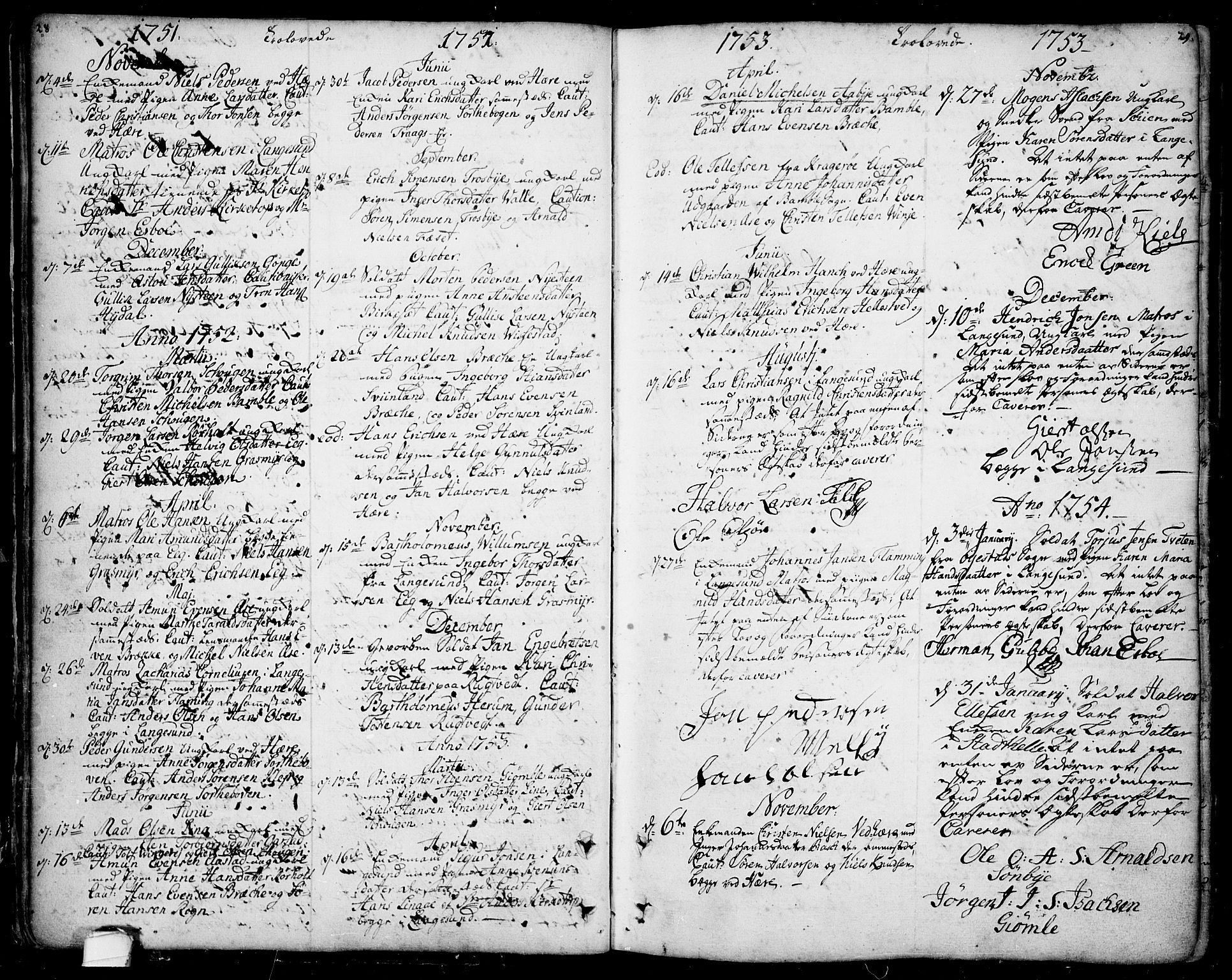 Bamble kirkebøker, AV/SAKO-A-253/F/Fa/L0001: Ministerialbok nr. I 1, 1702-1774, s. 28-29