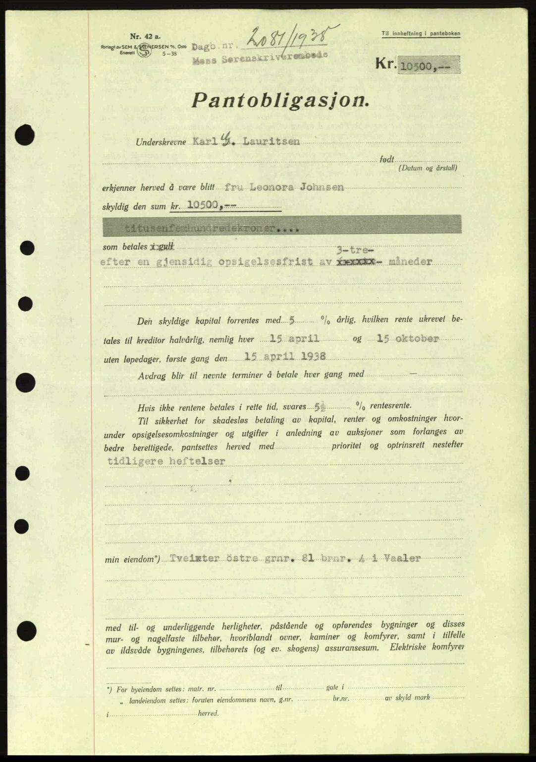 Moss sorenskriveri, SAO/A-10168: Pantebok nr. B6, 1938-1938, Dagboknr: 2081/1938
