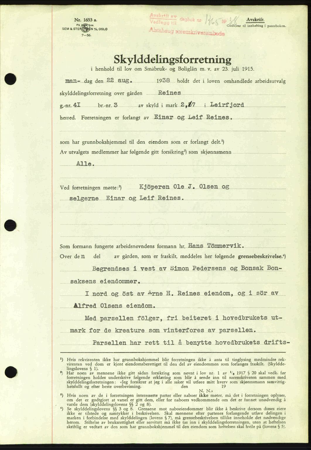 Alstahaug sorenskriveri, SAT/A-1009: Pantebok nr. A3, 1937-1938, Dagboknr: 1365/1938