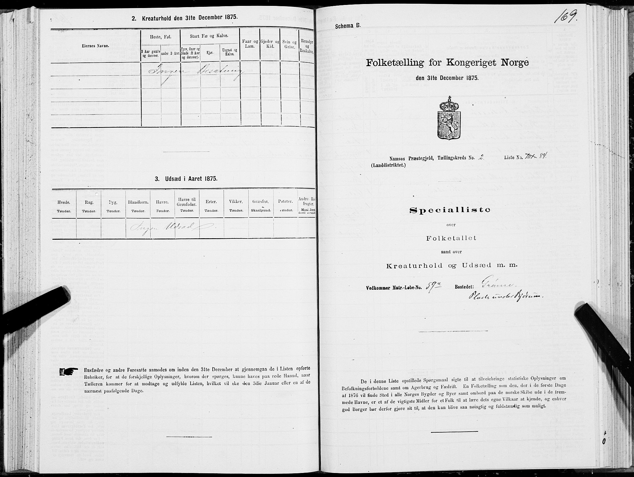 SAT, Folketelling 1875 for 1745L Namsos prestegjeld, Vemundvik sokn og Sævik sokn, 1875, s. 2169