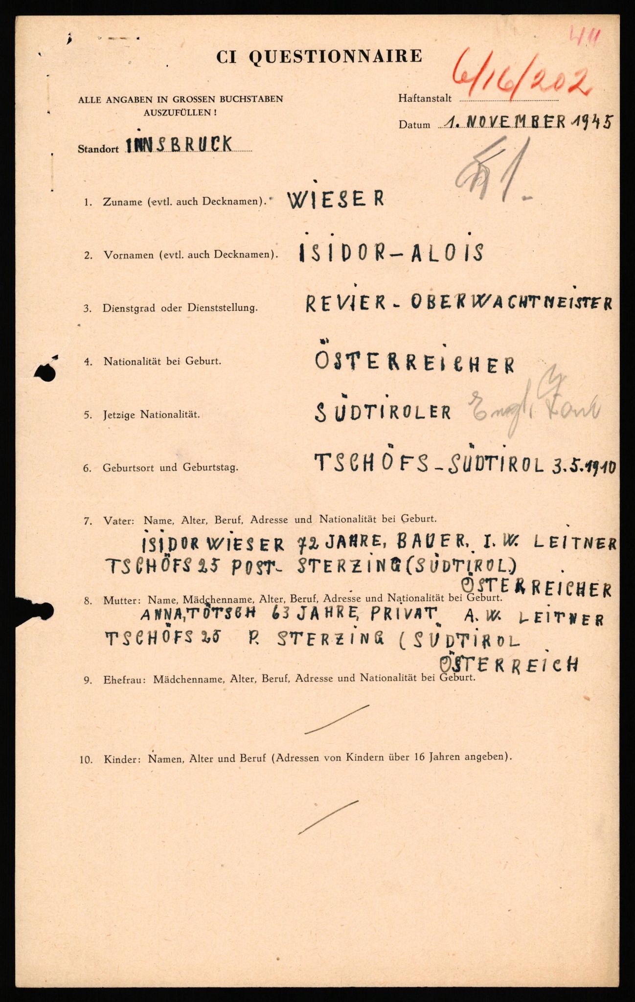 Forsvaret, Forsvarets overkommando II, AV/RA-RAFA-3915/D/Db/L0040: CI Questionaires. Tyske okkupasjonsstyrker i Norge. Østerrikere., 1945-1946, s. 415