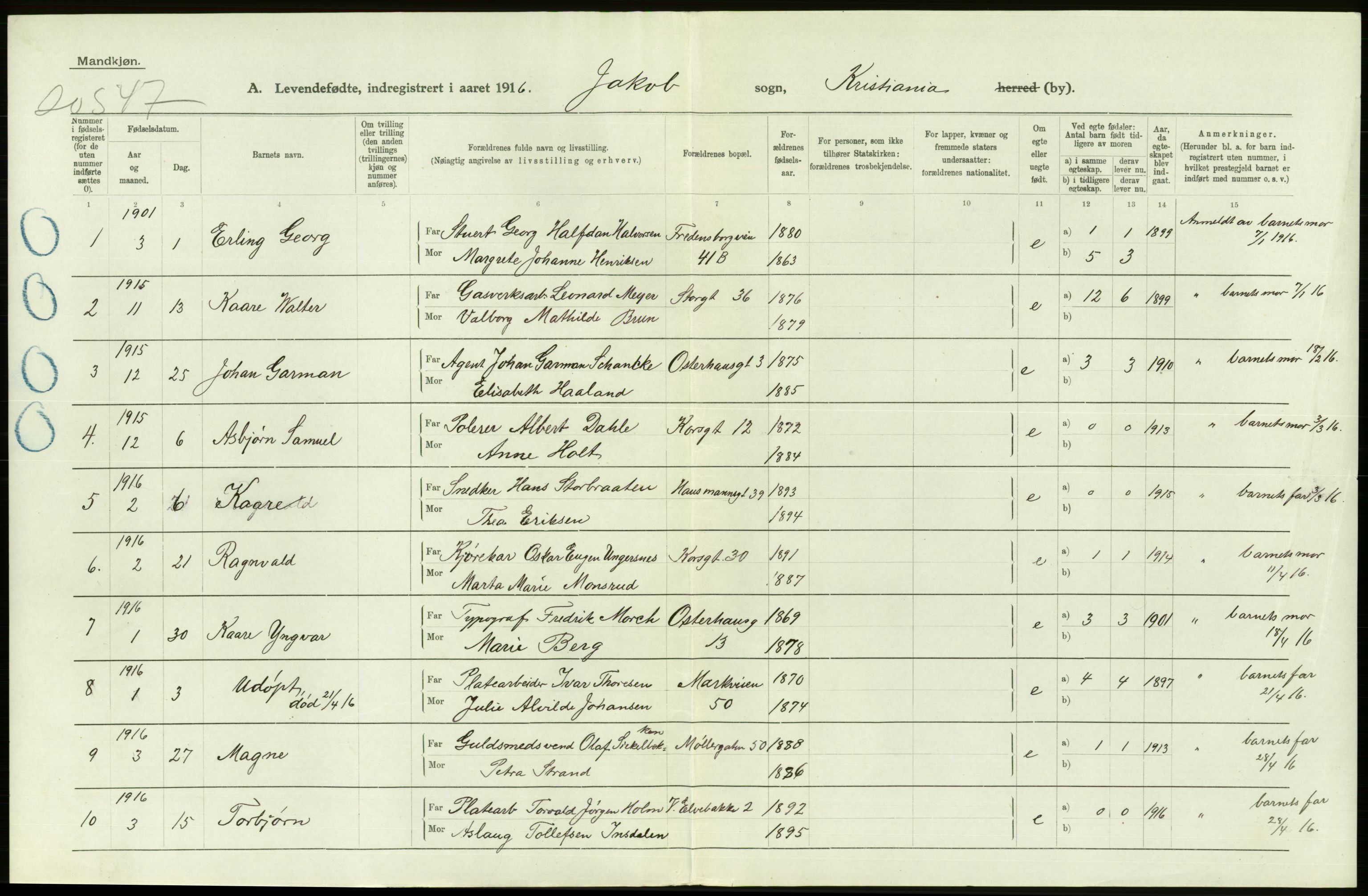 Statistisk sentralbyrå, Sosiodemografiske emner, Befolkning, AV/RA-S-2228/D/Df/Dfb/Dfbf/L0007: Kristiania: Levendefødte menn og kvinner., 1916, s. 524