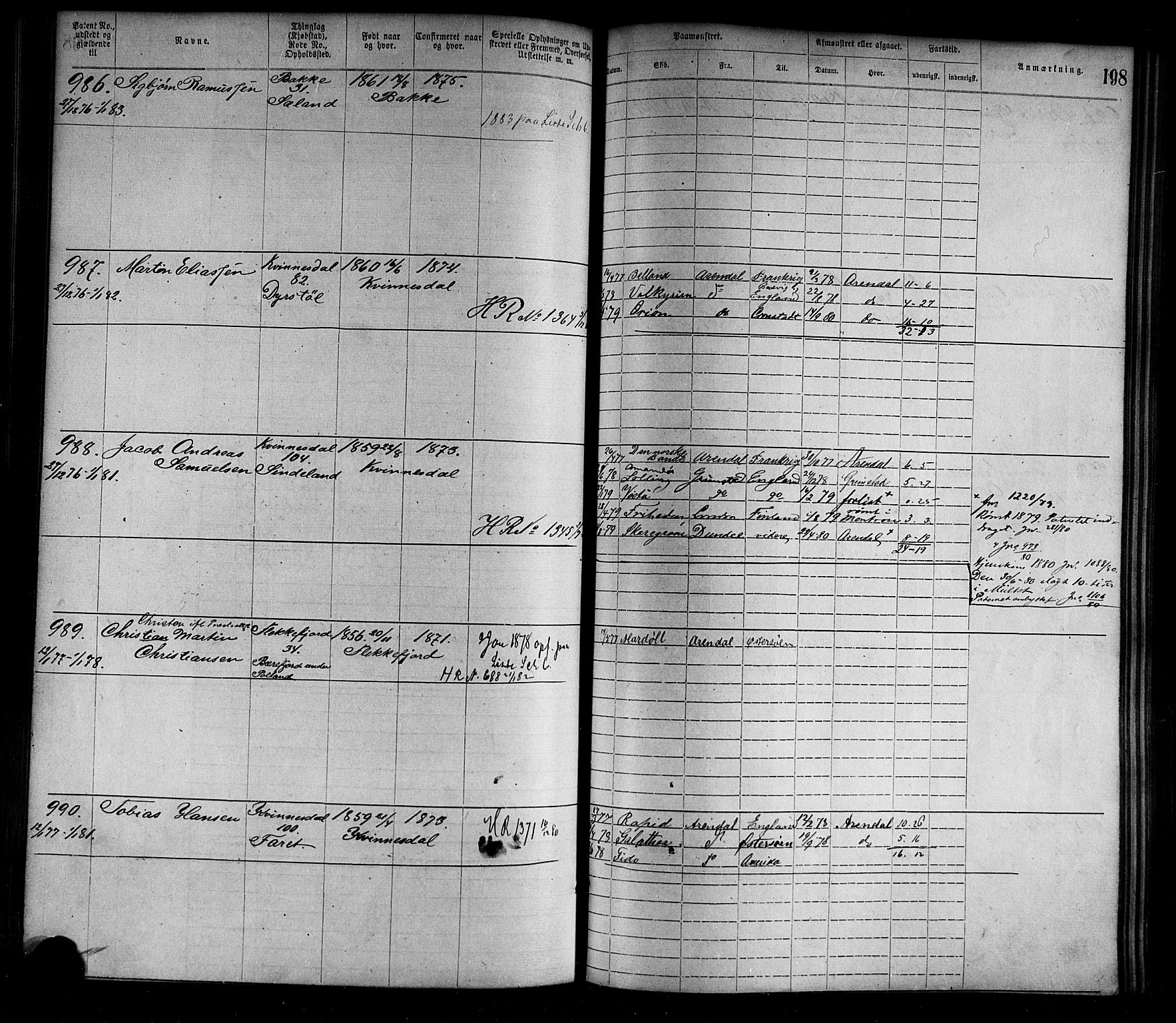 Flekkefjord mønstringskrets, AV/SAK-2031-0018/F/Fa/L0002: Annotasjonsrulle nr 1-1920 med register, N-2, 1870-1891, s. 223