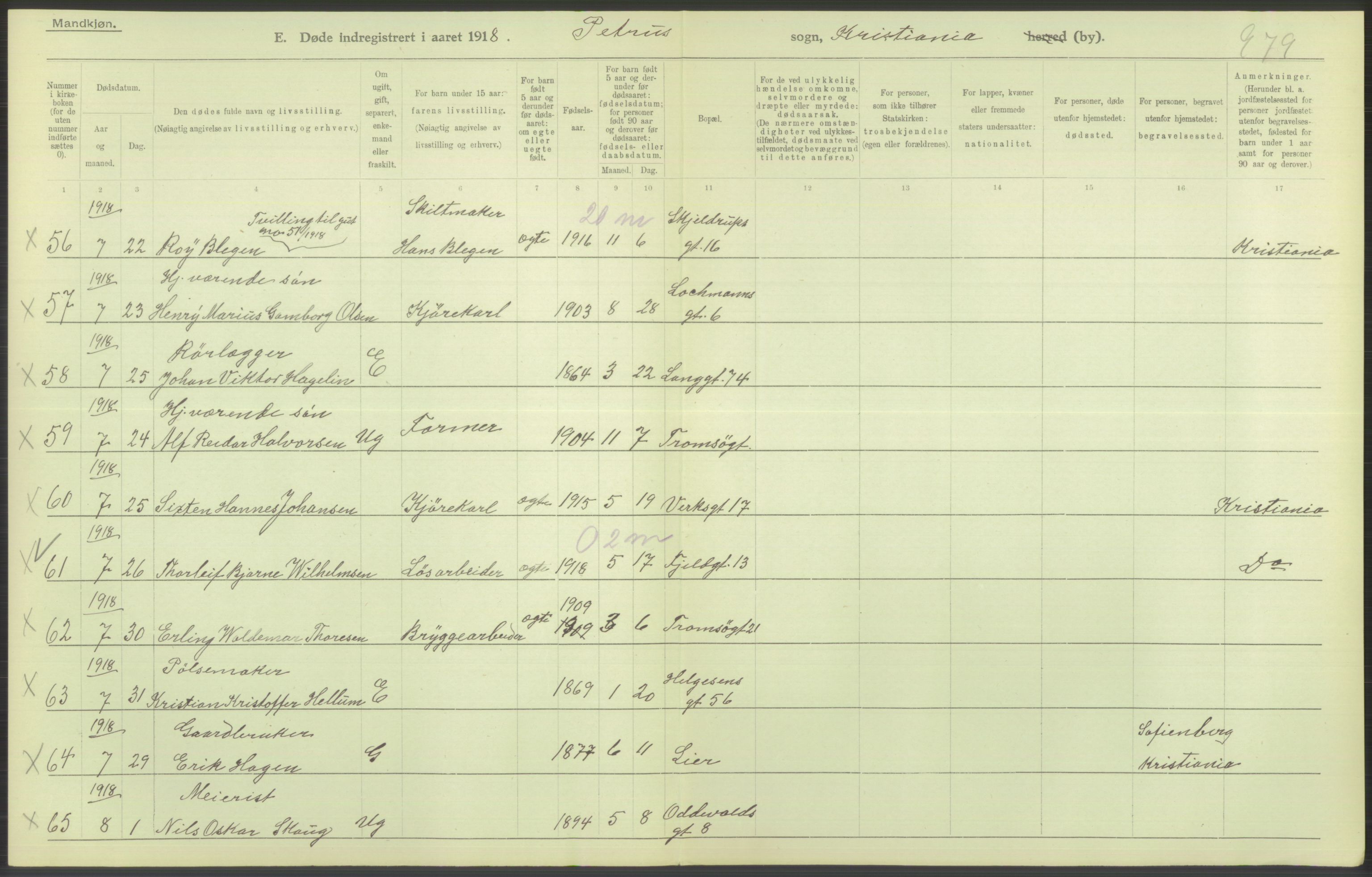 Statistisk sentralbyrå, Sosiodemografiske emner, Befolkning, AV/RA-S-2228/D/Df/Dfb/Dfbh/L0010: Kristiania: Døde, 1918, s. 574