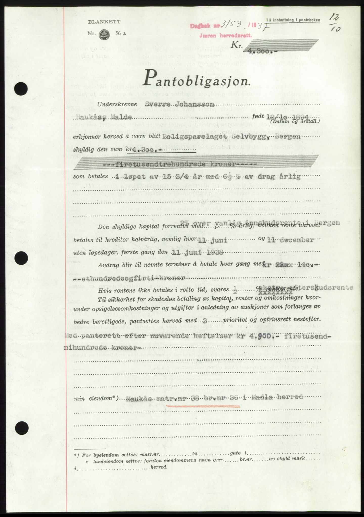 Jæren sorenskriveri, SAST/A-100310/03/G/Gba/L0069: Pantebok, 1937-1937, Dagboknr: 3153/1937