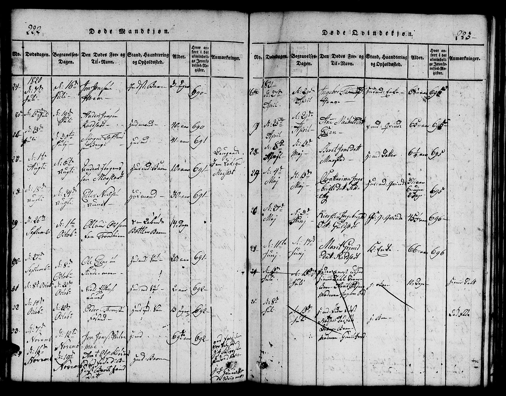 Ministerialprotokoller, klokkerbøker og fødselsregistre - Sør-Trøndelag, AV/SAT-A-1456/695/L1152: Klokkerbok nr. 695C03, 1816-1831, s. 222-223