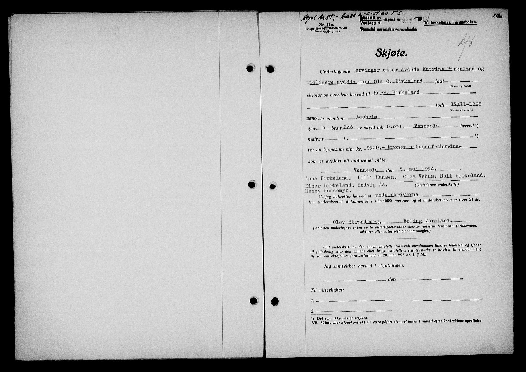 Torridal sorenskriveri, SAK/1221-0012/G/Gb/Gba/L0065: Pantebok nr. 80a-84a, 1953-1955, Dagboknr: 900/1954