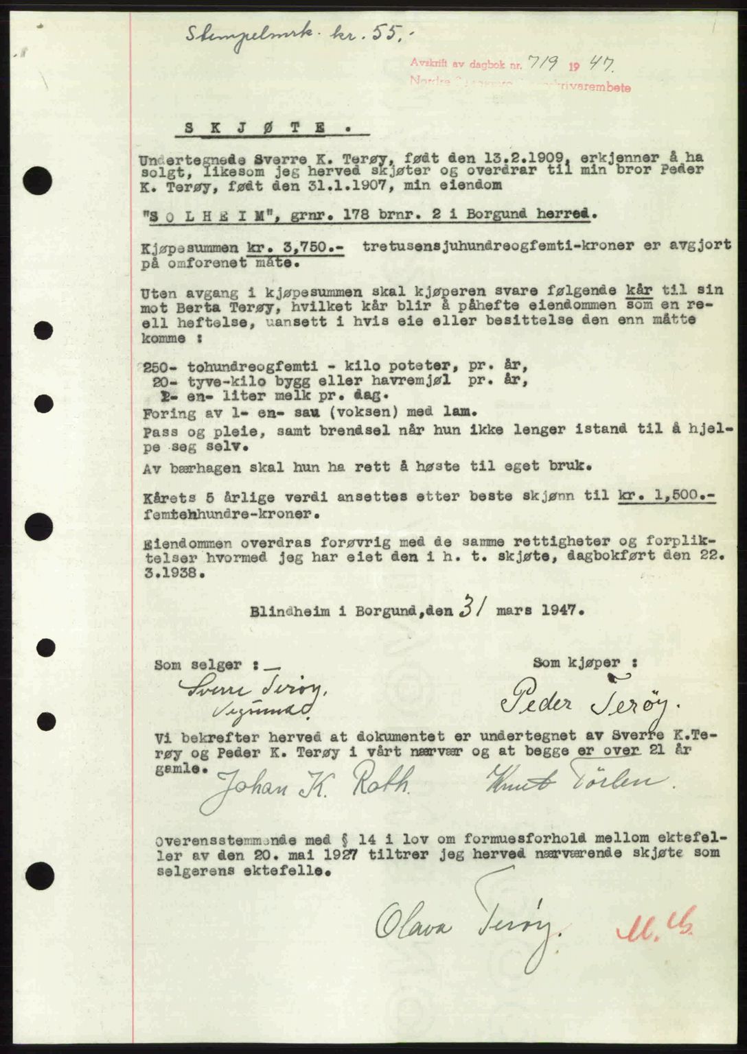 Nordre Sunnmøre sorenskriveri, AV/SAT-A-0006/1/2/2C/2Ca: Pantebok nr. A24, 1947-1947, Dagboknr: 719/1947