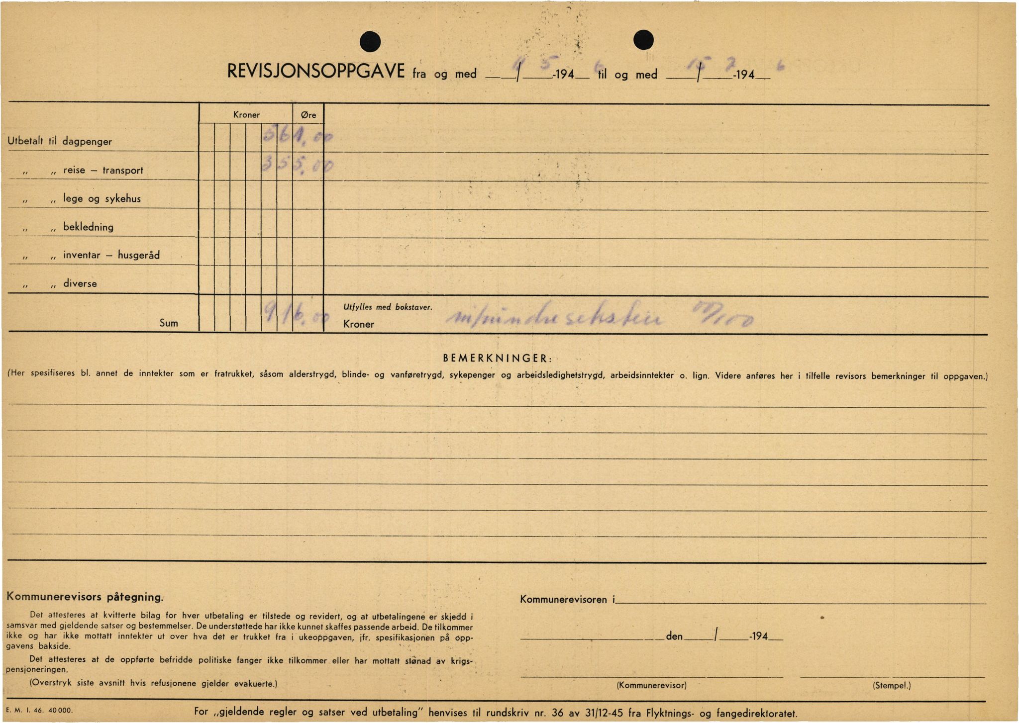 Stord kommune. Formannskapet, IKAH/1221-021/E/Ea/L0003/0007: Emneordna korrespondanse / Stønad til evakuerte , 1945-1946, s. 70