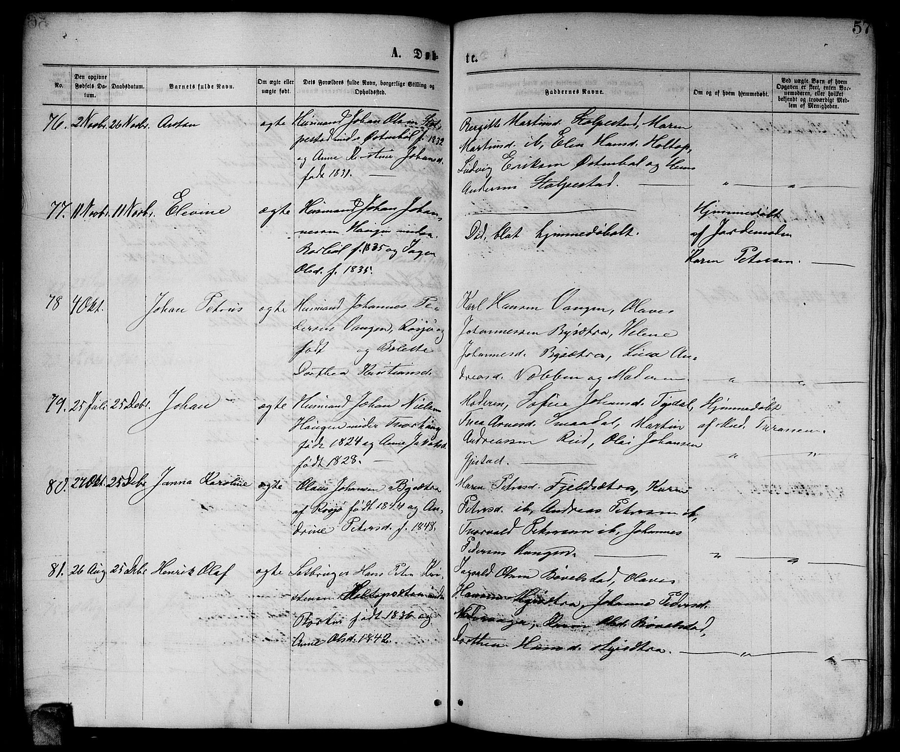 Enebakk prestekontor Kirkebøker, AV/SAO-A-10171c/G/Ga/L0005: Klokkerbok nr. I 5, 1867-1888, s. 57