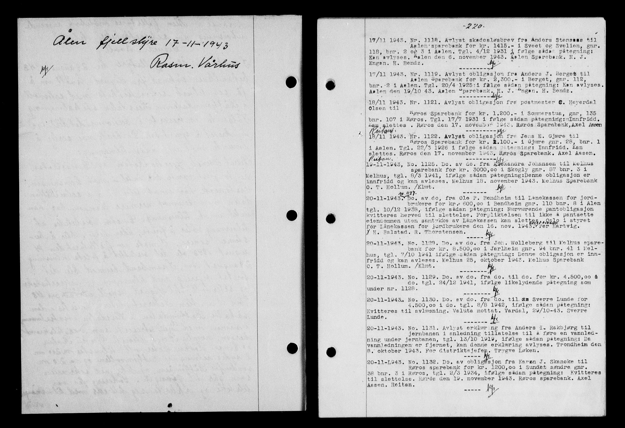 Gauldal sorenskriveri, SAT/A-0014/1/2/2C/L0057: Pantebok nr. 62, 1943-1944, Dagboknr: 1118/1943