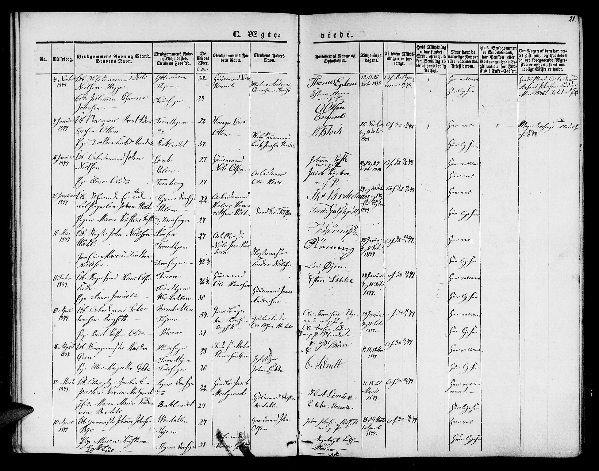 Ministerialprotokoller, klokkerbøker og fødselsregistre - Sør-Trøndelag, SAT/A-1456/602/L0111: Ministerialbok nr. 602A09, 1844-1867, s. 21