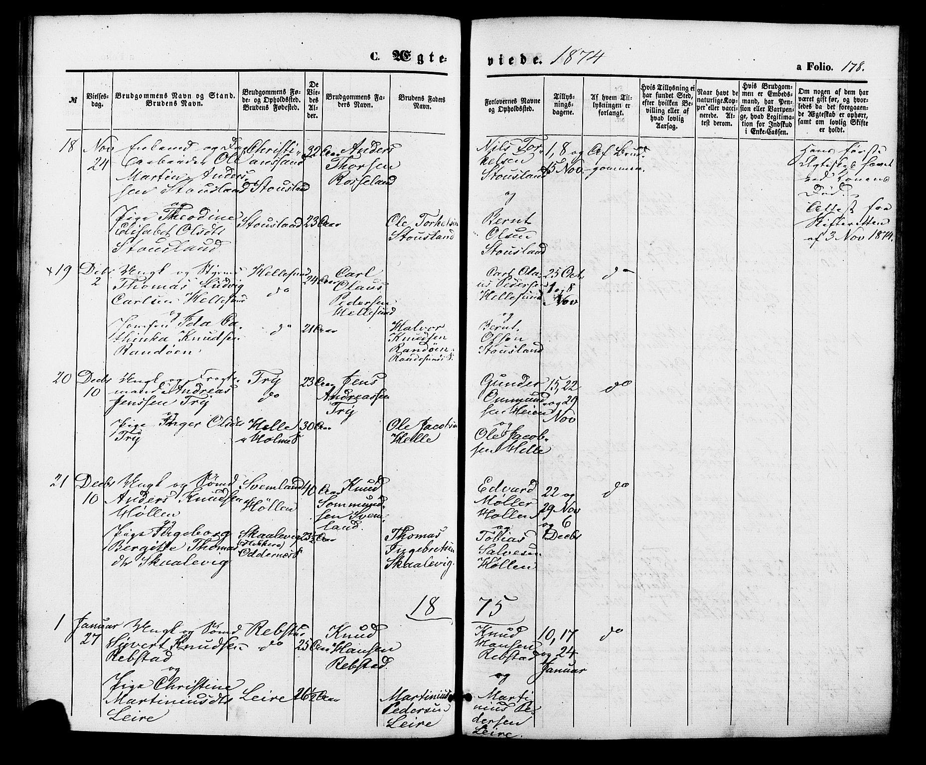 Søgne sokneprestkontor, SAK/1111-0037/F/Fa/Fab/L0011: Ministerialbok nr. A 11, 1869-1879, s. 178
