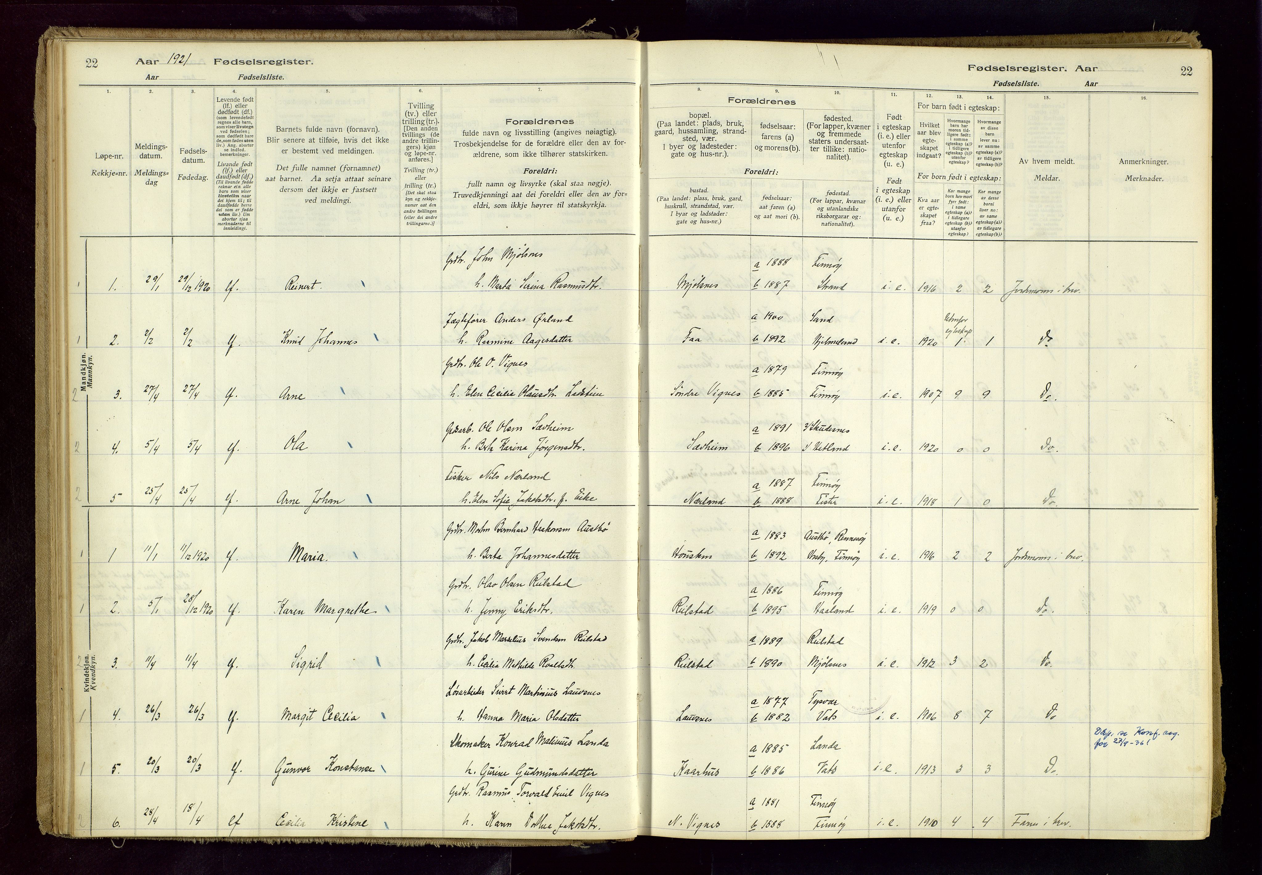 Finnøy sokneprestkontor, SAST/A-101825/I/Id/L0001: Fødselsregister nr. 1, 1916-1977, s. 22