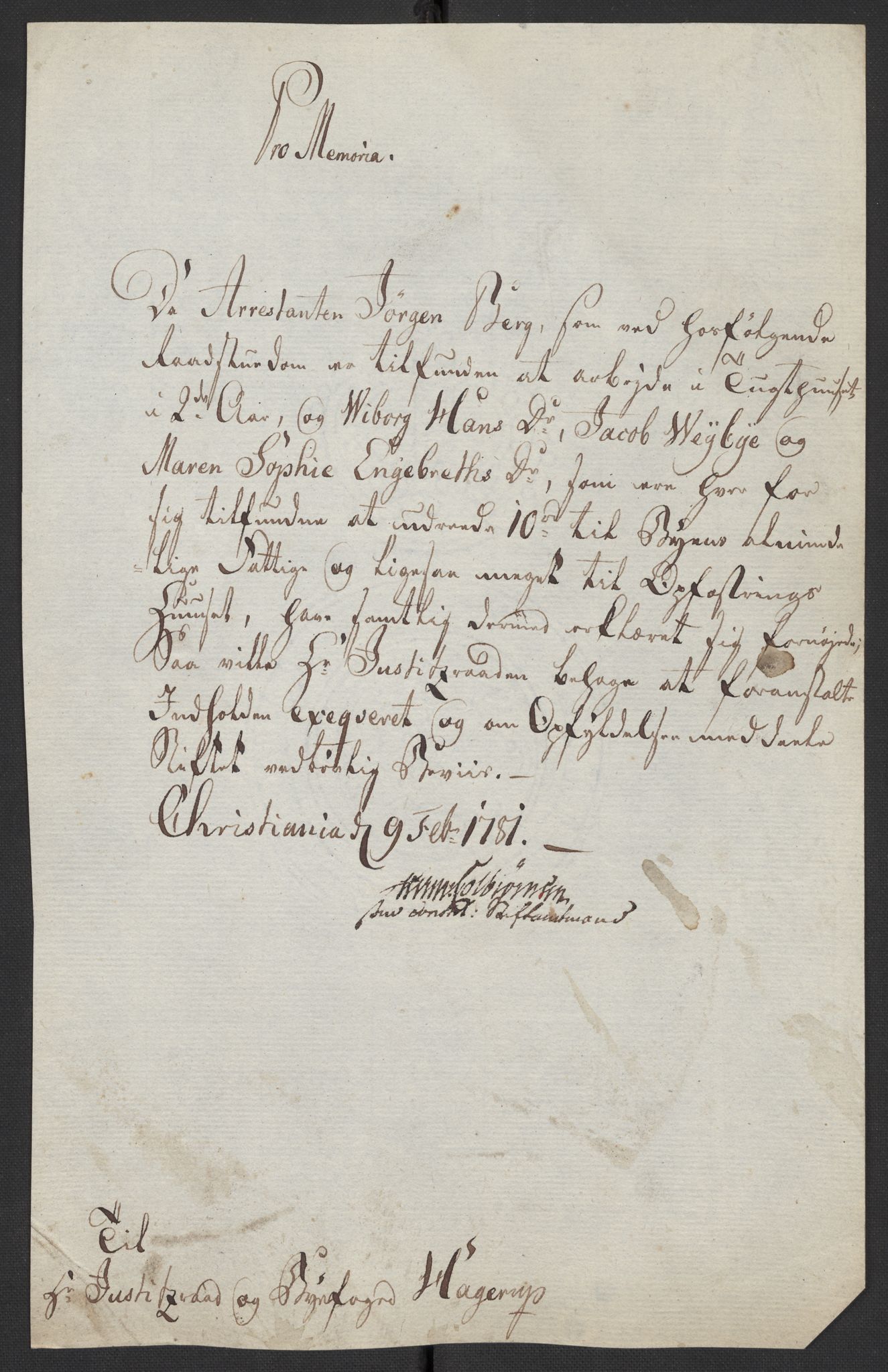 Oslo politidistrikt, AV/SAO-A-10085/D/Da/L0003: Innkomne brev, pro memoria m.v., 1781, s. 24