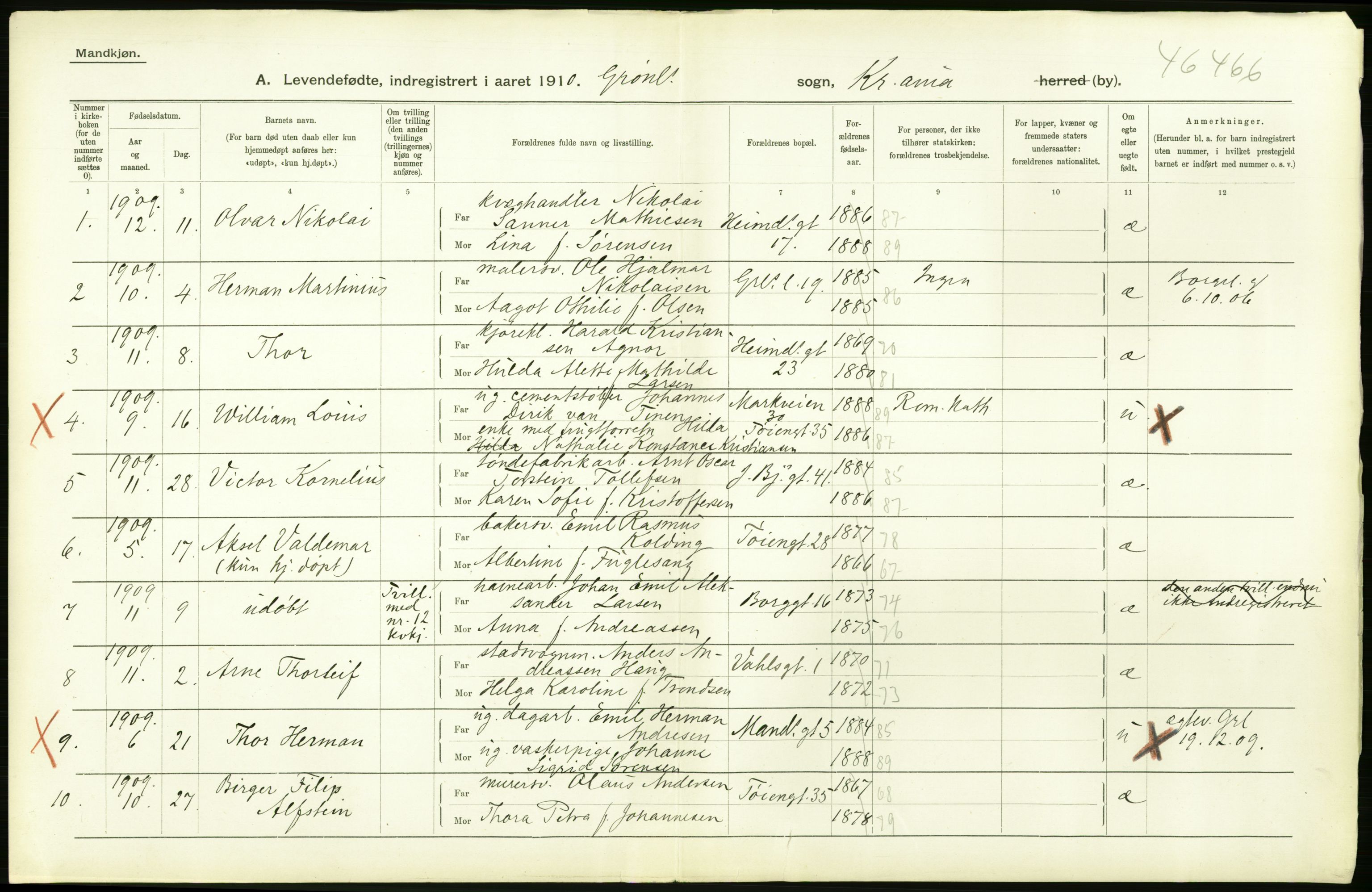 Statistisk sentralbyrå, Sosiodemografiske emner, Befolkning, RA/S-2228/D/Df/Dfa/Dfah/L0006: Kristiania: Levendefødte menn., 1910, s. 722