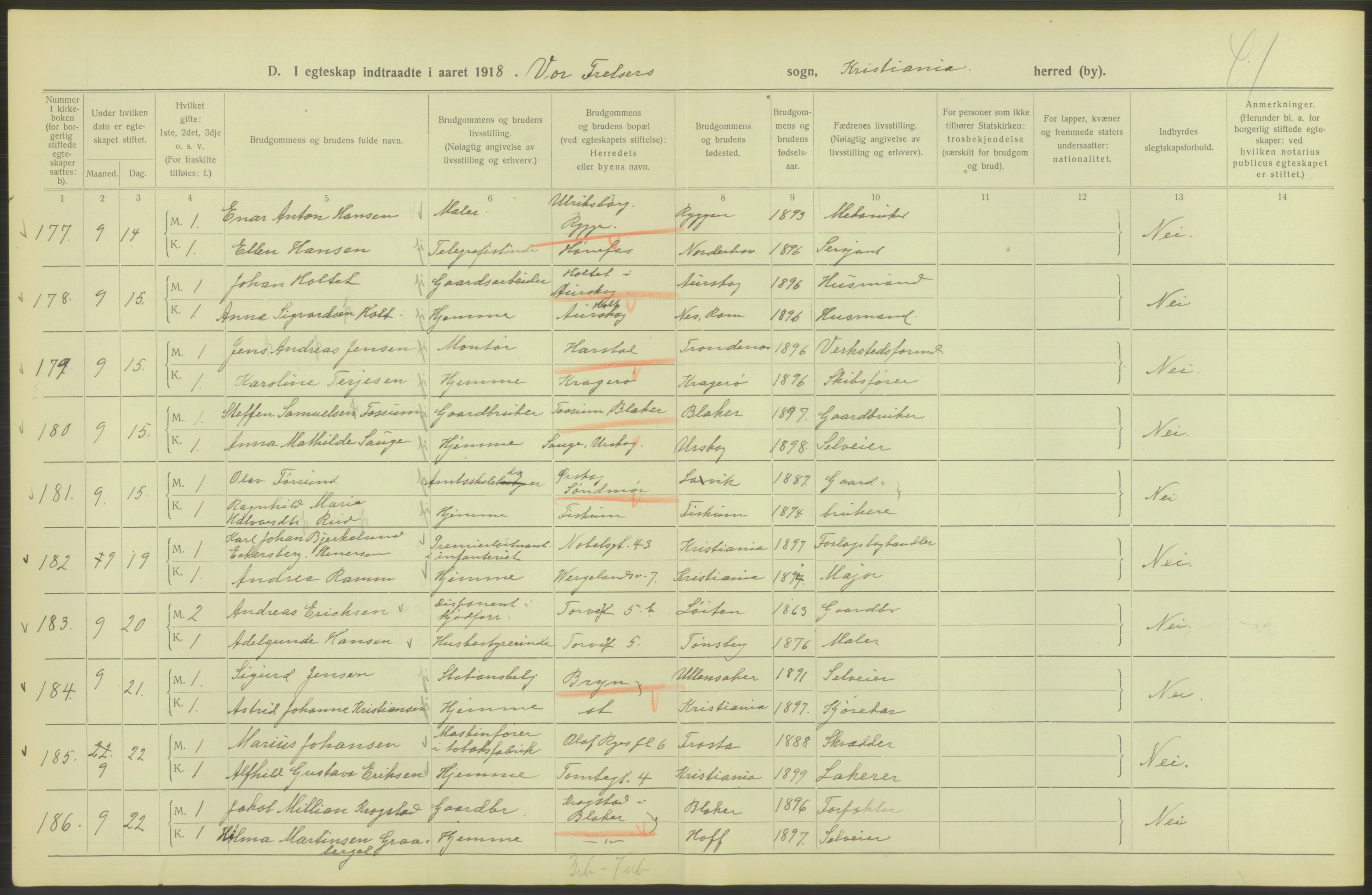 Statistisk sentralbyrå, Sosiodemografiske emner, Befolkning, AV/RA-S-2228/D/Df/Dfb/Dfbh/L0009: Kristiania: Gifte, 1918, s. 94