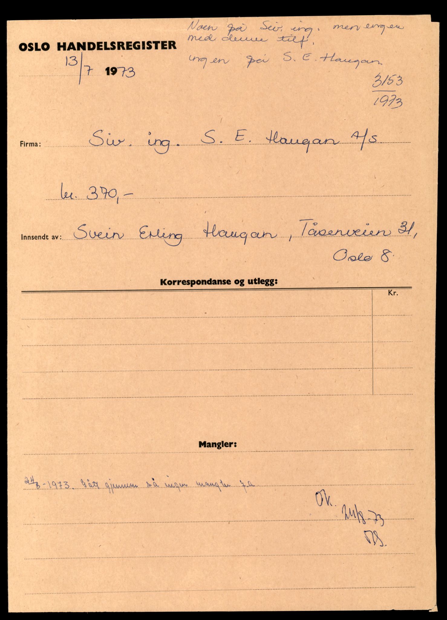 Oslo byfogd, Handelsregisteret, SAT/A-10867/G/Gc/Gca/L0740: Ikke konverterte foretak, Sivilingeniør S-Sjø, 1890-1990, s. 1