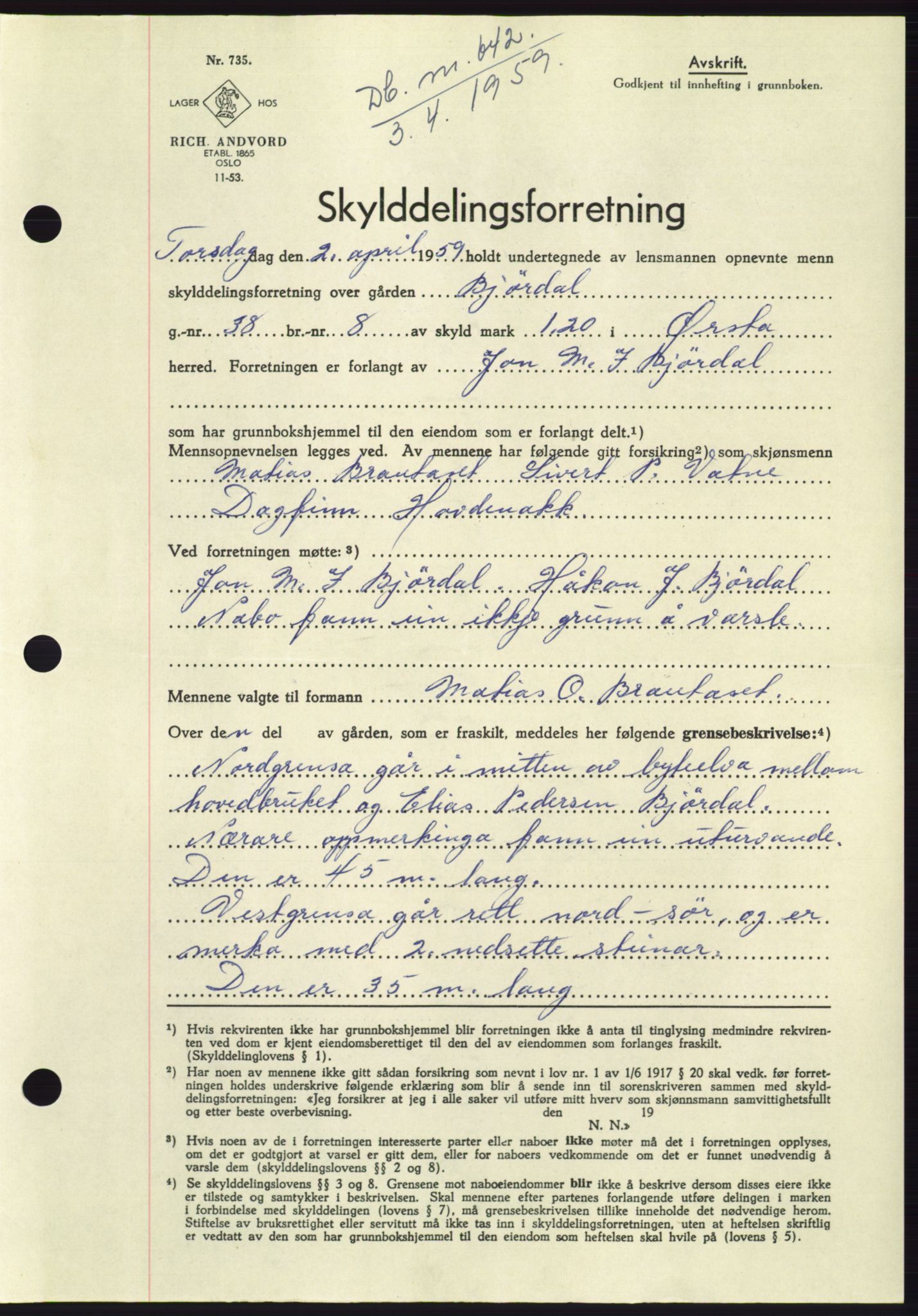 Søre Sunnmøre sorenskriveri, SAT/A-4122/1/2/2C/L0112: Pantebok nr. 38A, 1959-1959, Dagboknr: 642/1959