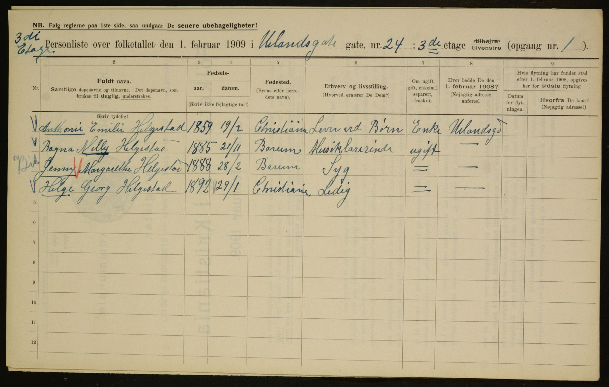 OBA, Kommunal folketelling 1.2.1909 for Kristiania kjøpstad, 1909, s. 107602