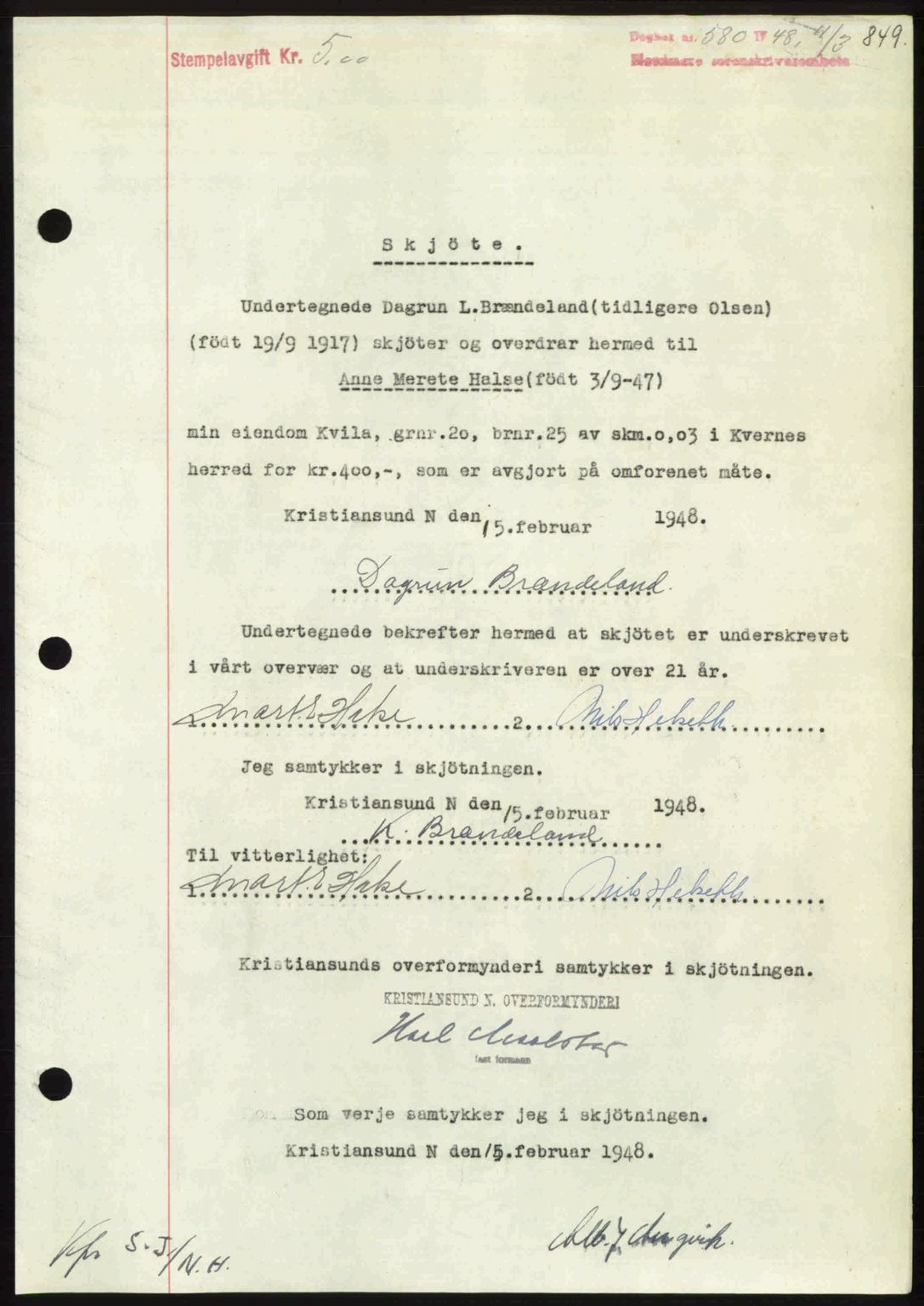 Nordmøre sorenskriveri, SAT/A-4132/1/2/2Ca: Pantebok nr. A107, 1947-1948, Dagboknr: 580/1948