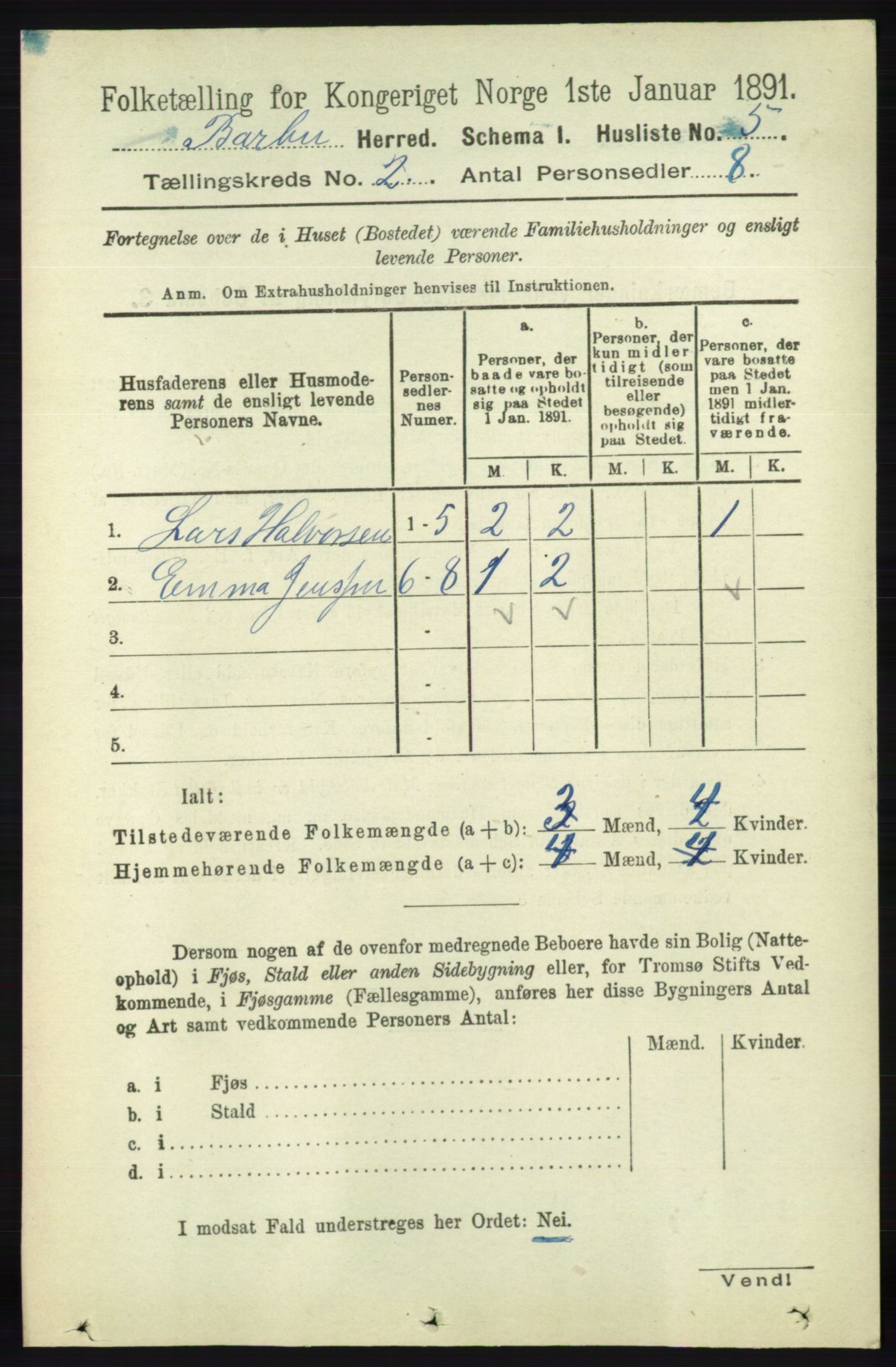 RA, Folketelling 1891 for 0990 Barbu herred, 1891, s. 847