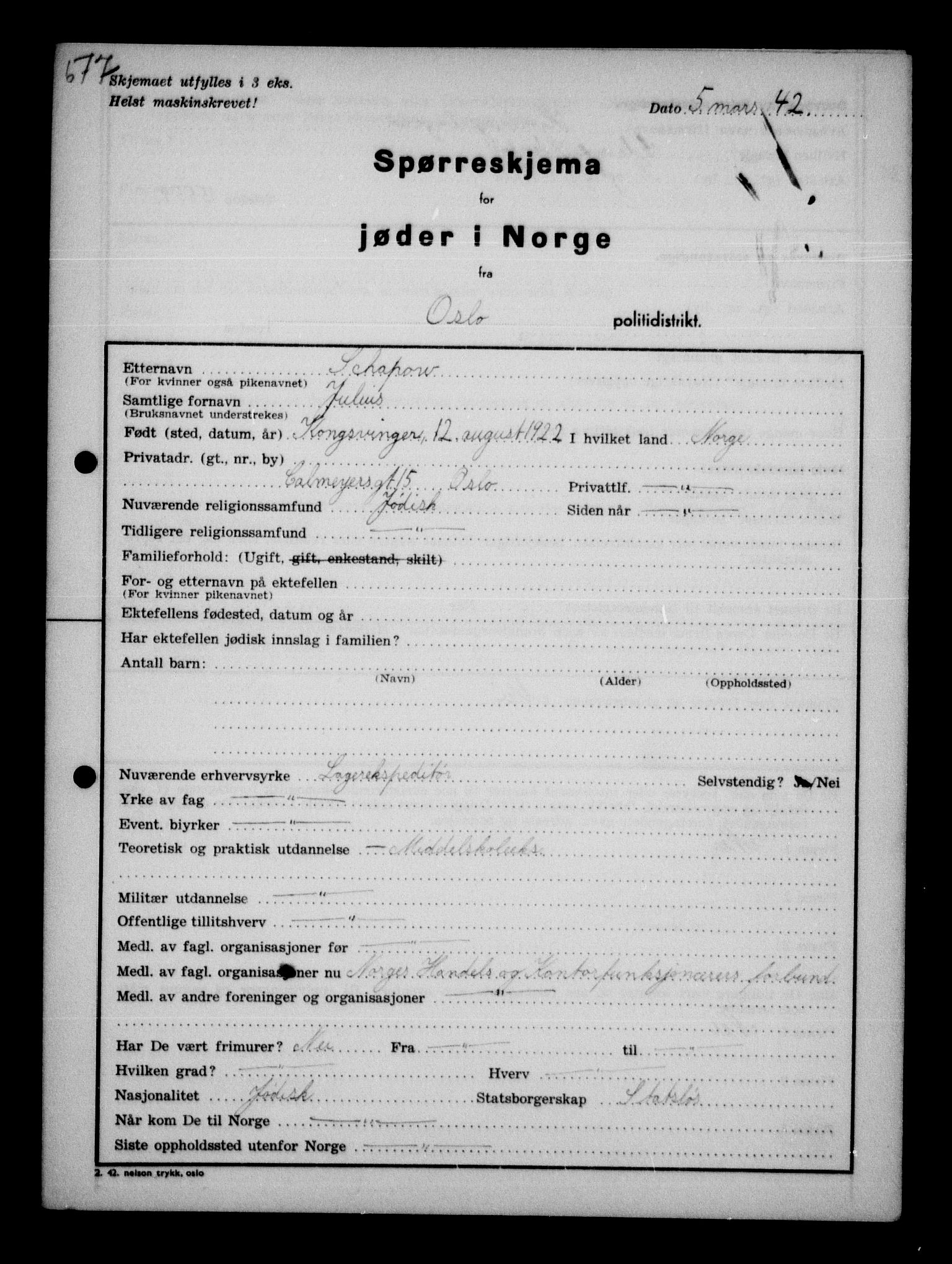 Statspolitiet - Hovedkontoret / Osloavdelingen, AV/RA-S-1329/G/Ga/L0011: Spørreskjema for jøder i Norge. 1: Oslo 610-806 (Plavnik-Zwillinger). 2: Aker 1-113 (Adler-Lewin). , 1942, s. 200