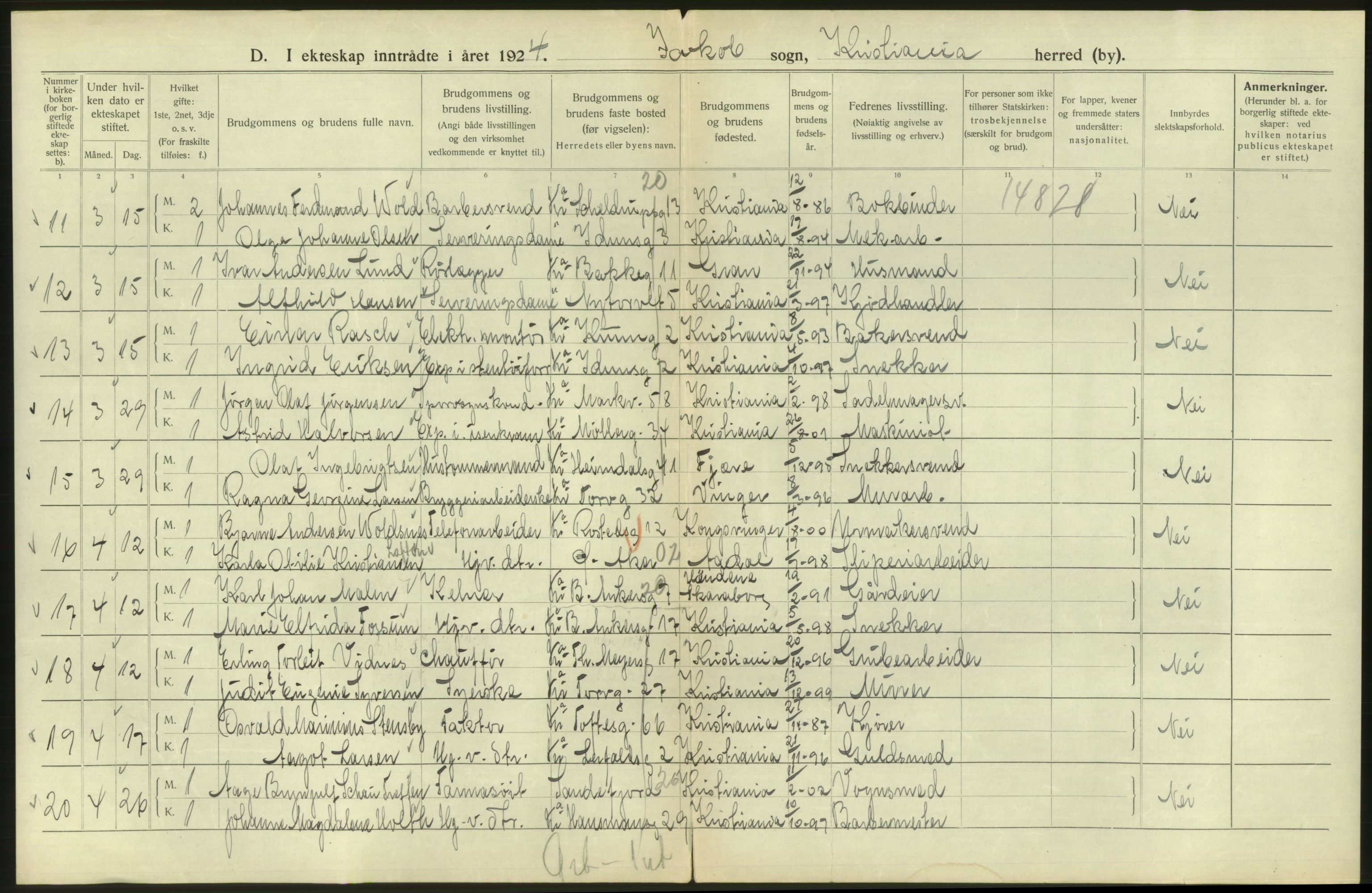 Statistisk sentralbyrå, Sosiodemografiske emner, Befolkning, RA/S-2228/D/Df/Dfc/Dfcd/L0007: Kristiania: Gifte, 1924, s. 330