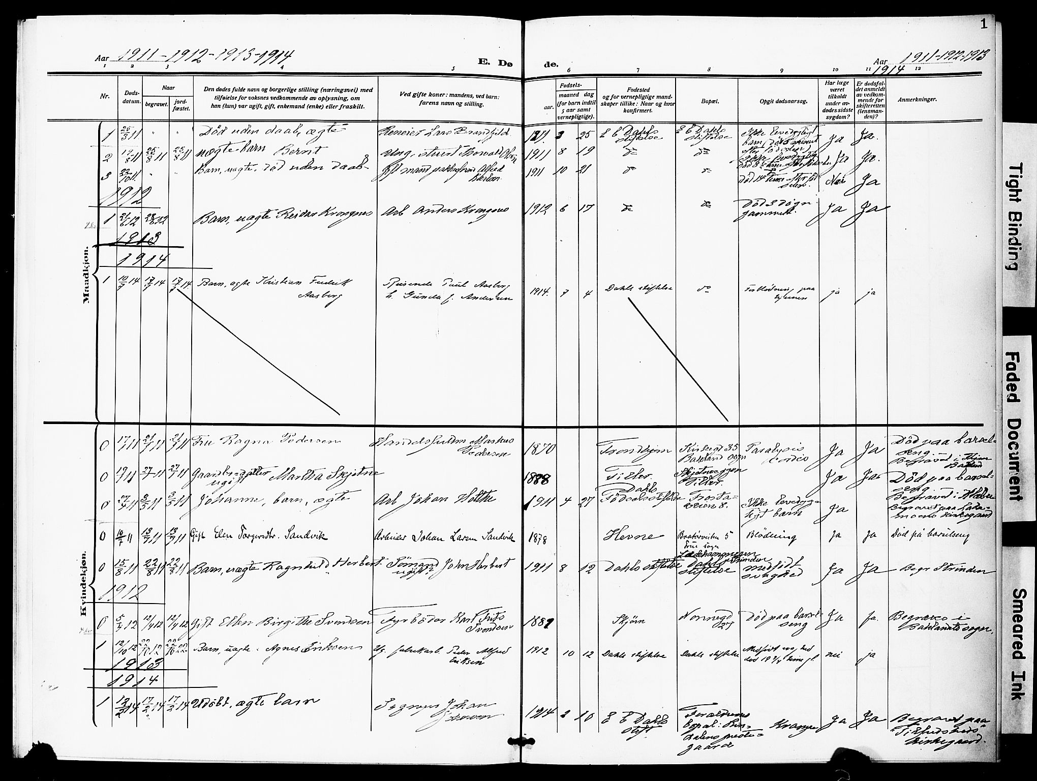 Ministerialprotokoller, klokkerbøker og fødselsregistre - Sør-Trøndelag, AV/SAT-A-1456/600/L0001: Ministerialbok nr. 600A01, 1911-1918, s. 1