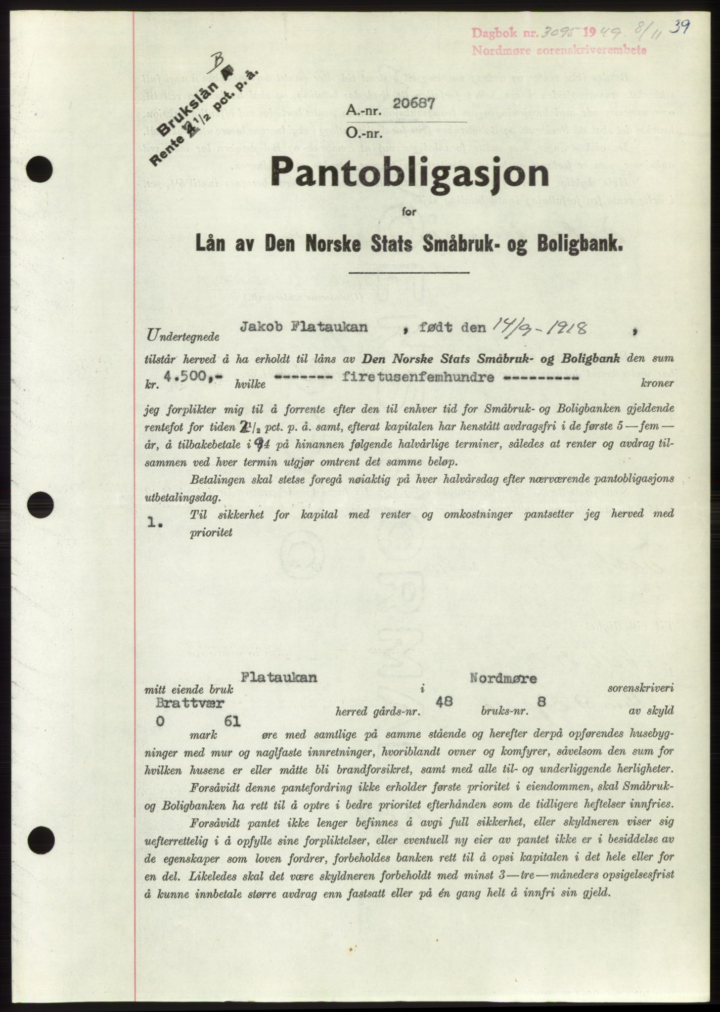 Nordmøre sorenskriveri, AV/SAT-A-4132/1/2/2Ca: Pantebok nr. B103, 1949-1950, Dagboknr: 3095/1949