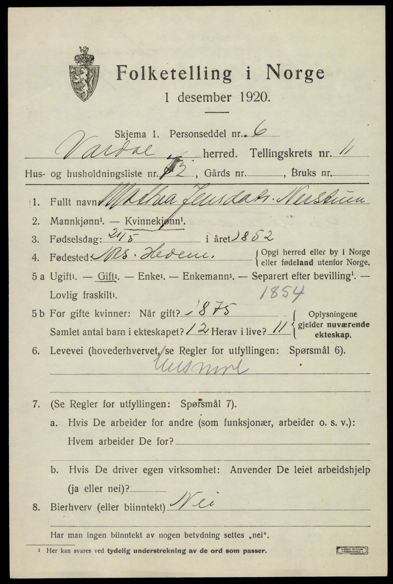 SAH, Folketelling 1920 for 0527 Vardal herred, 1920, s. 11933