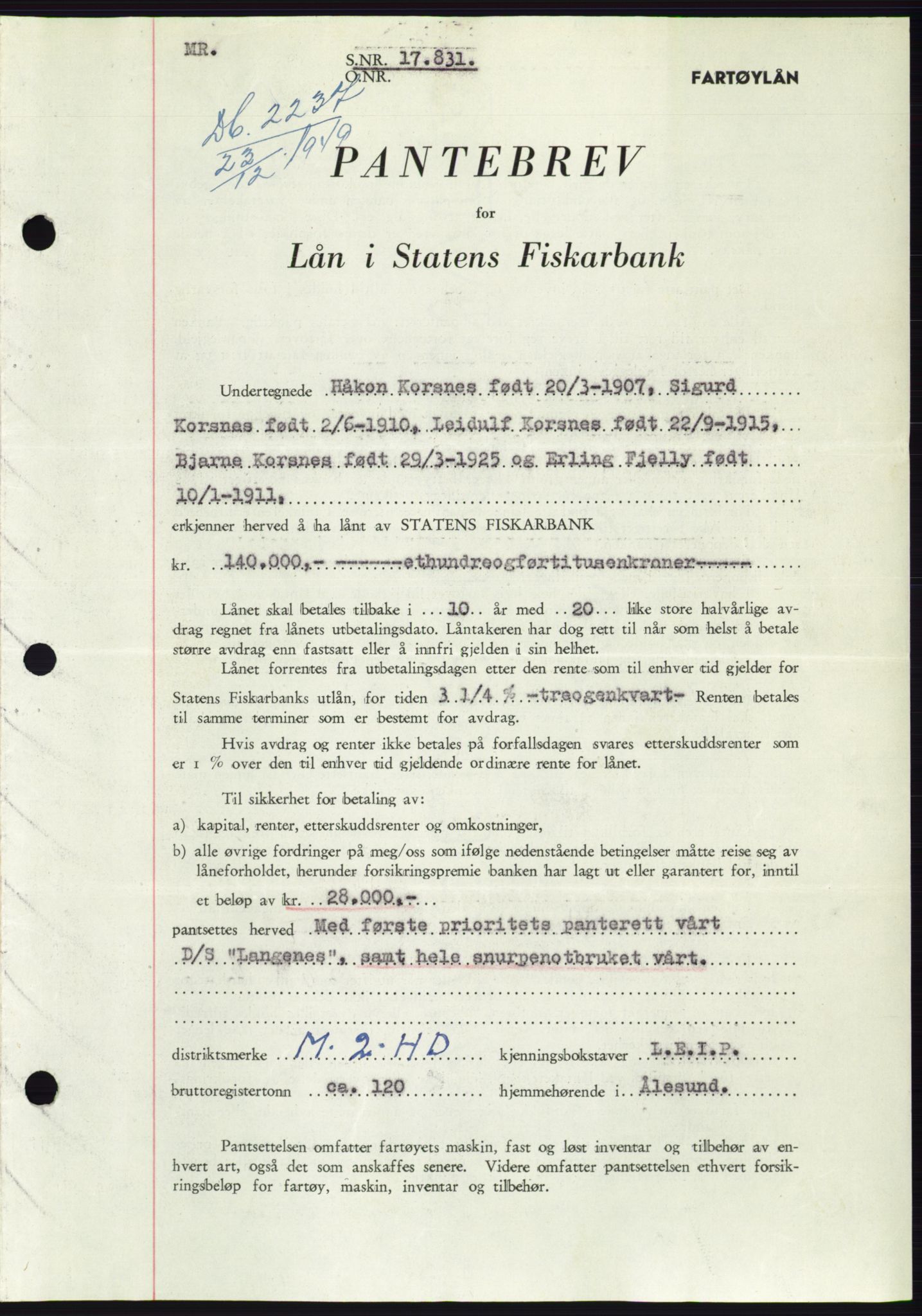 Søre Sunnmøre sorenskriveri, SAT/A-4122/1/2/2C/L0118: Pantebok nr. 6B, 1949-1950, Dagboknr: 2237/1949