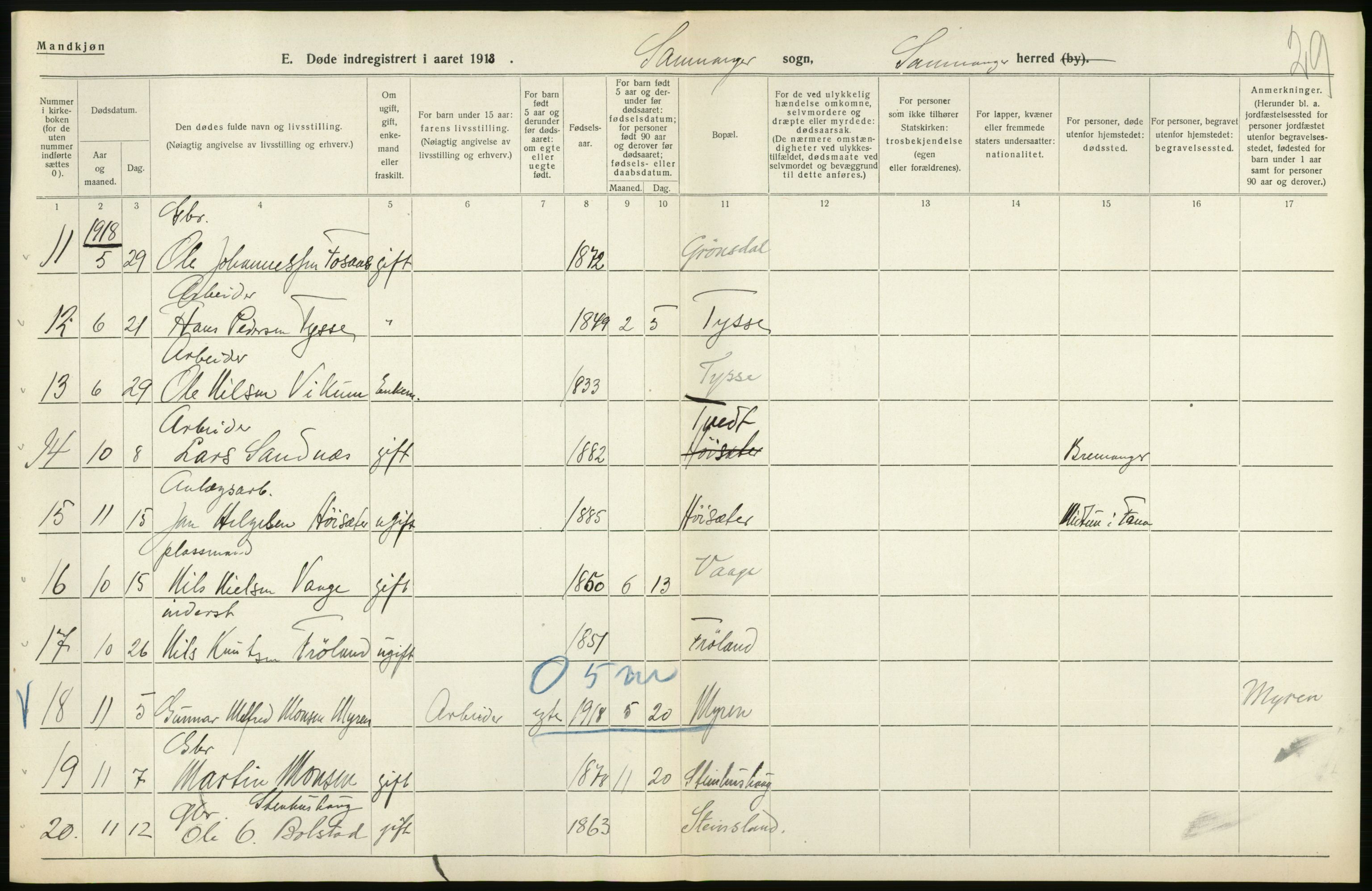 Statistisk sentralbyrå, Sosiodemografiske emner, Befolkning, RA/S-2228/D/Df/Dfb/Dfbh/L0036: Hordaland fylke: Døde., 1918, s. 136