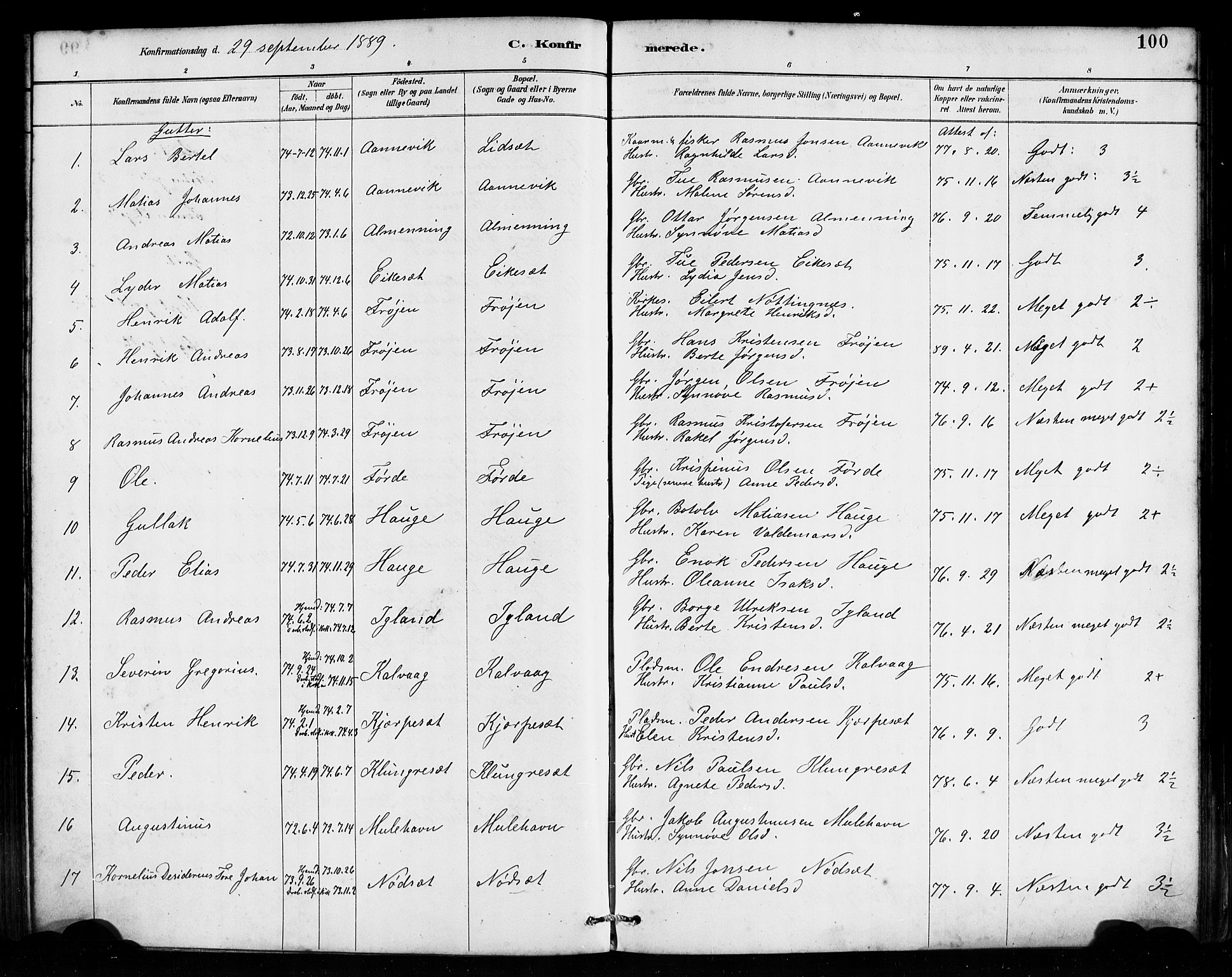 Bremanger sokneprestembete, AV/SAB-A-82201/H/Haa/Haab/L0001: Ministerialbok nr. B 1, 1884-1895, s. 100