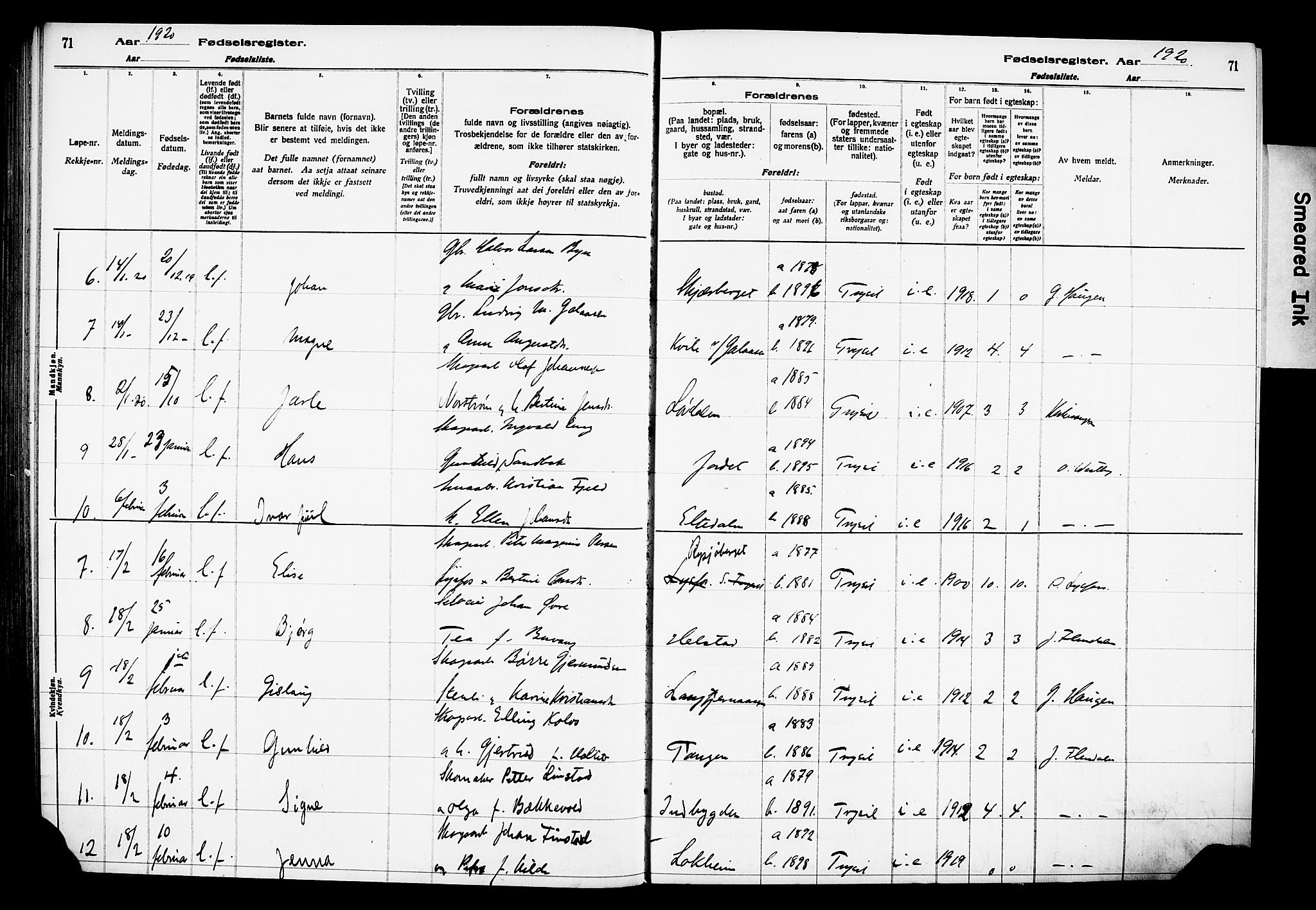 Trysil prestekontor, AV/SAH-PREST-046/I/Id/Ida/L0001: Fødselsregister nr. I 1, 1916-1927, s. 71