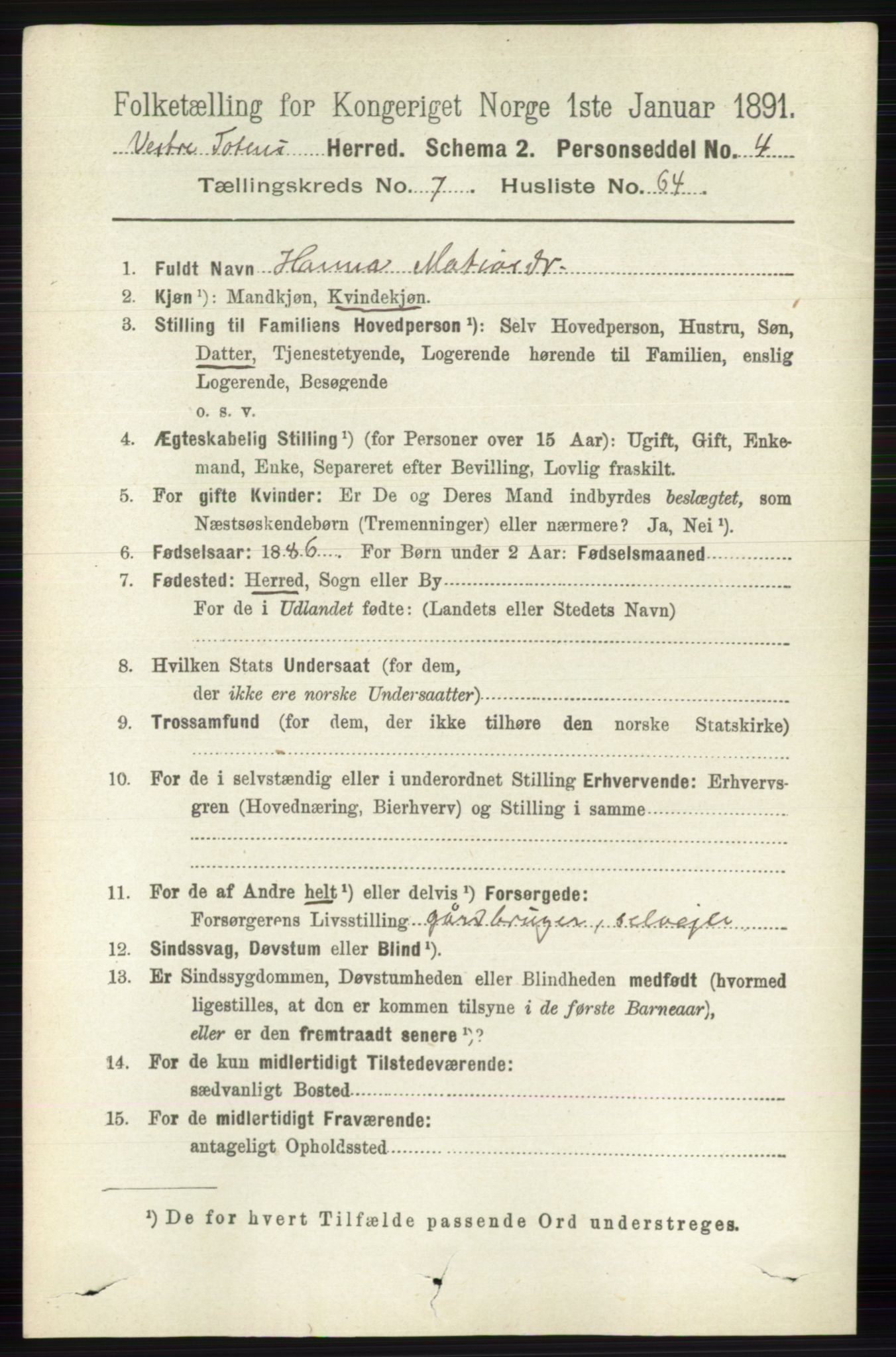 RA, Folketelling 1891 for 0529 Vestre Toten herred, 1891, s. 4722