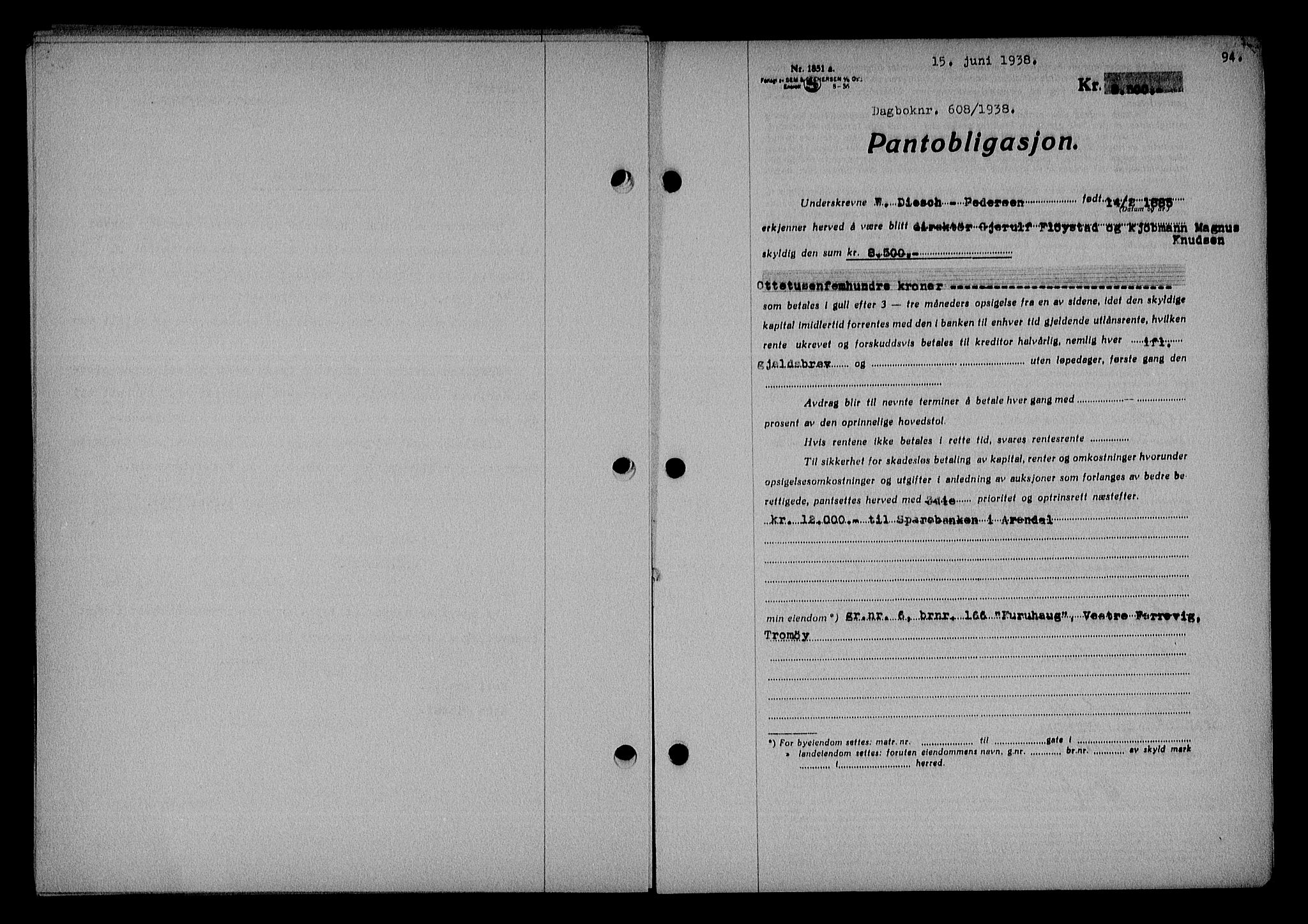 Nedenes sorenskriveri, SAK/1221-0006/G/Gb/Gba/L0045: Pantebok nr. 41, 1938-1938, Dagboknr: 608/1938